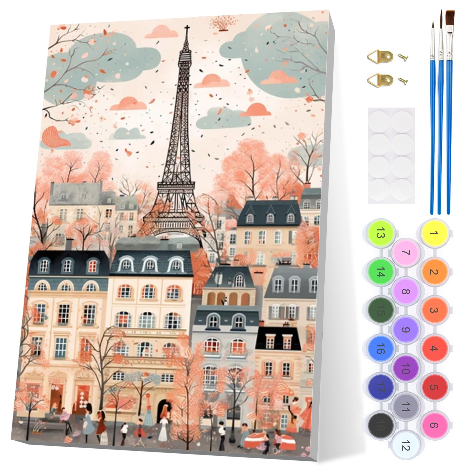 EOBROMD París Pintar por Numeros Adultos, Primavera Pintura por Numeros con Marco, Kit de Pintura al óleo de Lienzo DIY para con Pinceles, Pigmento Acrílico, Decoración para el Hogar 20x30cm - 2