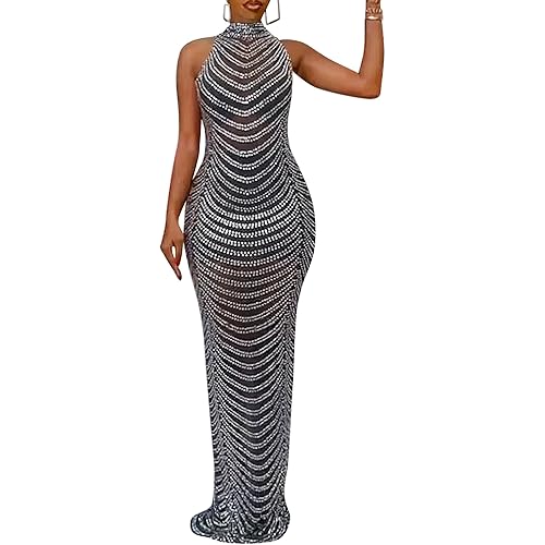 PORRCEY Women's Sexy Rhinestone Sleeveless Night Club Dress Party Clubwear for Women