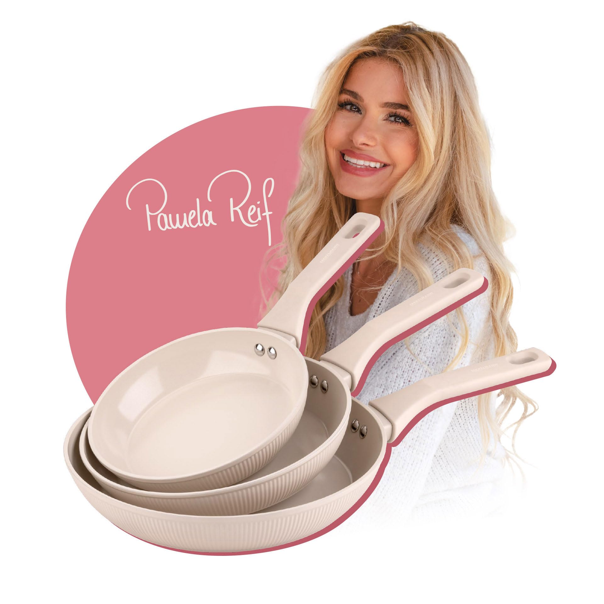 Fackelmann x Pamela Reif Bratpfannen-Set 3-tlg Ø 20/24/28 cm – recyceltes Aluminium, Pastell-Beige, PFAS-freie Keramikbeschichtung, modernes Rillen-Design, für alle Herdarten