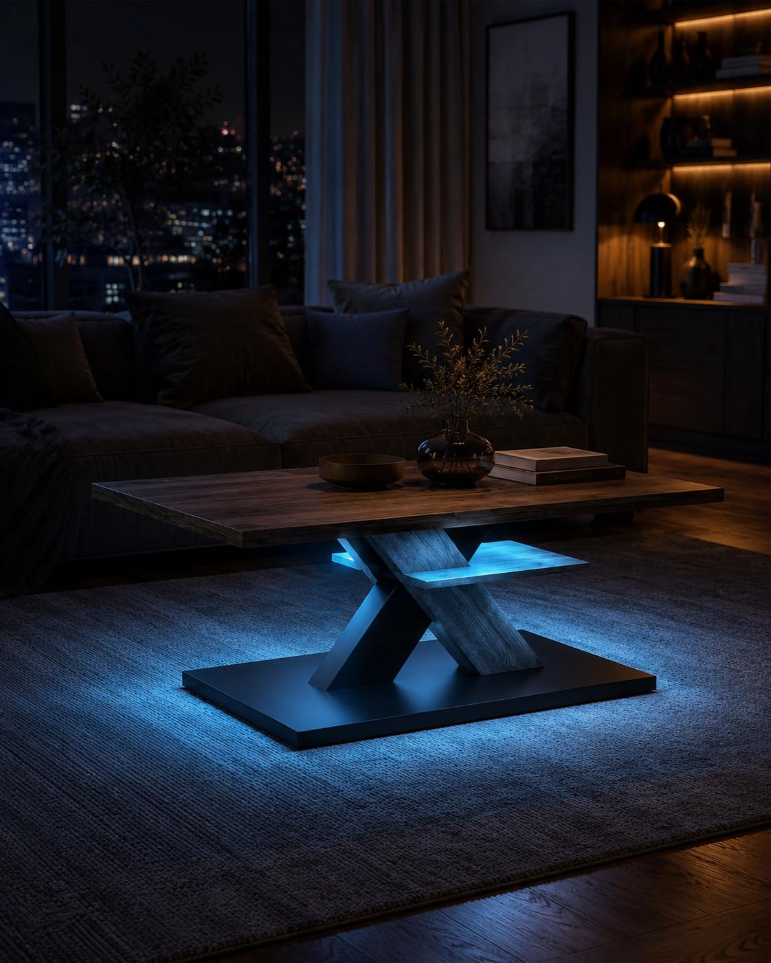 Mesa de centro de madera de roble negro, 100 x 50 x 45 cm, mesa de salón, rectangular, moderna, con estante, espacio de almacenamiento, diseño Z, mesa de salón para sofá