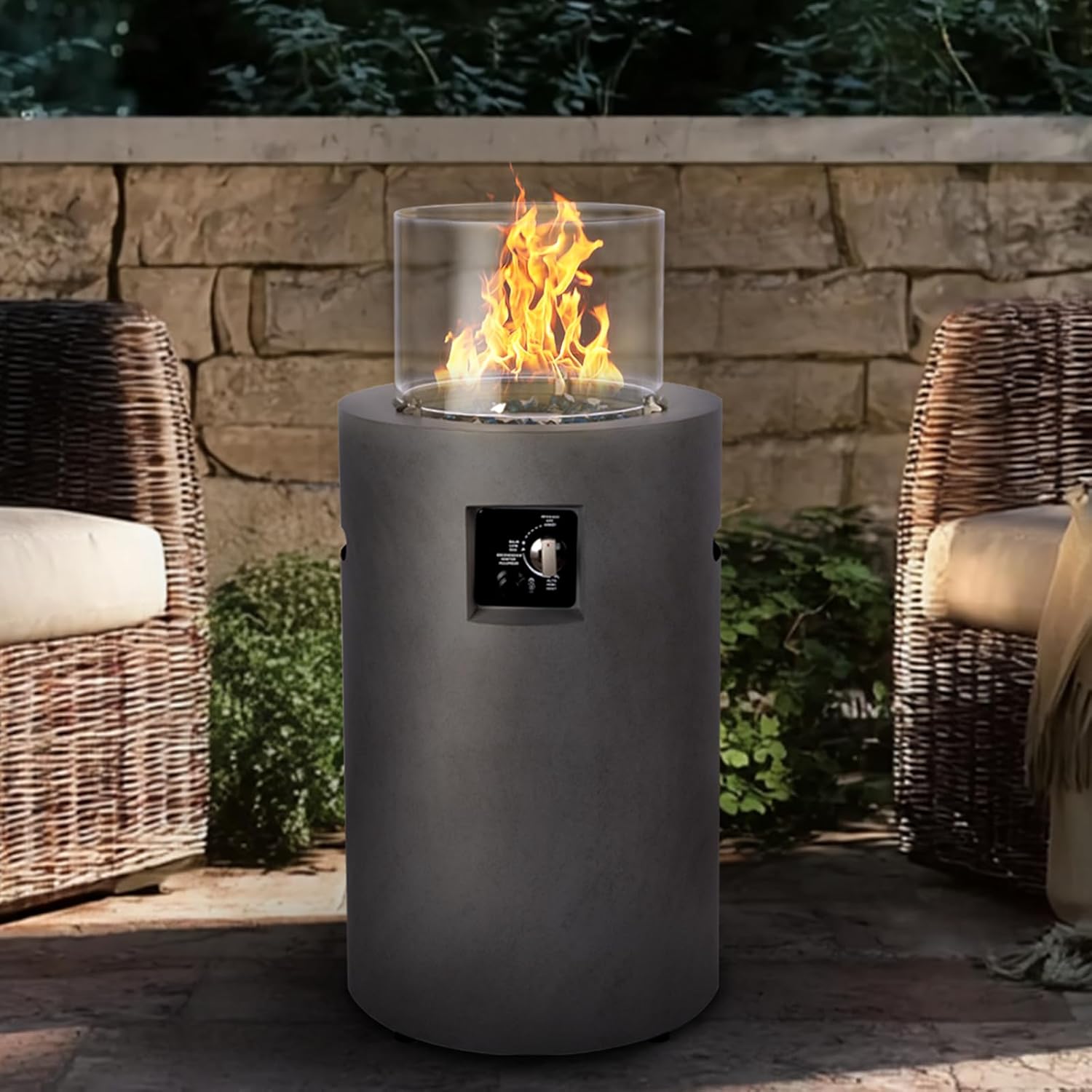 17 inch Propane Fire Column, 50,000 BTU Outside Gas Fire Pit with Wind Glass Shield, Glass Rocks, Rain Cover for Outside Patio, Garden, Backyard
