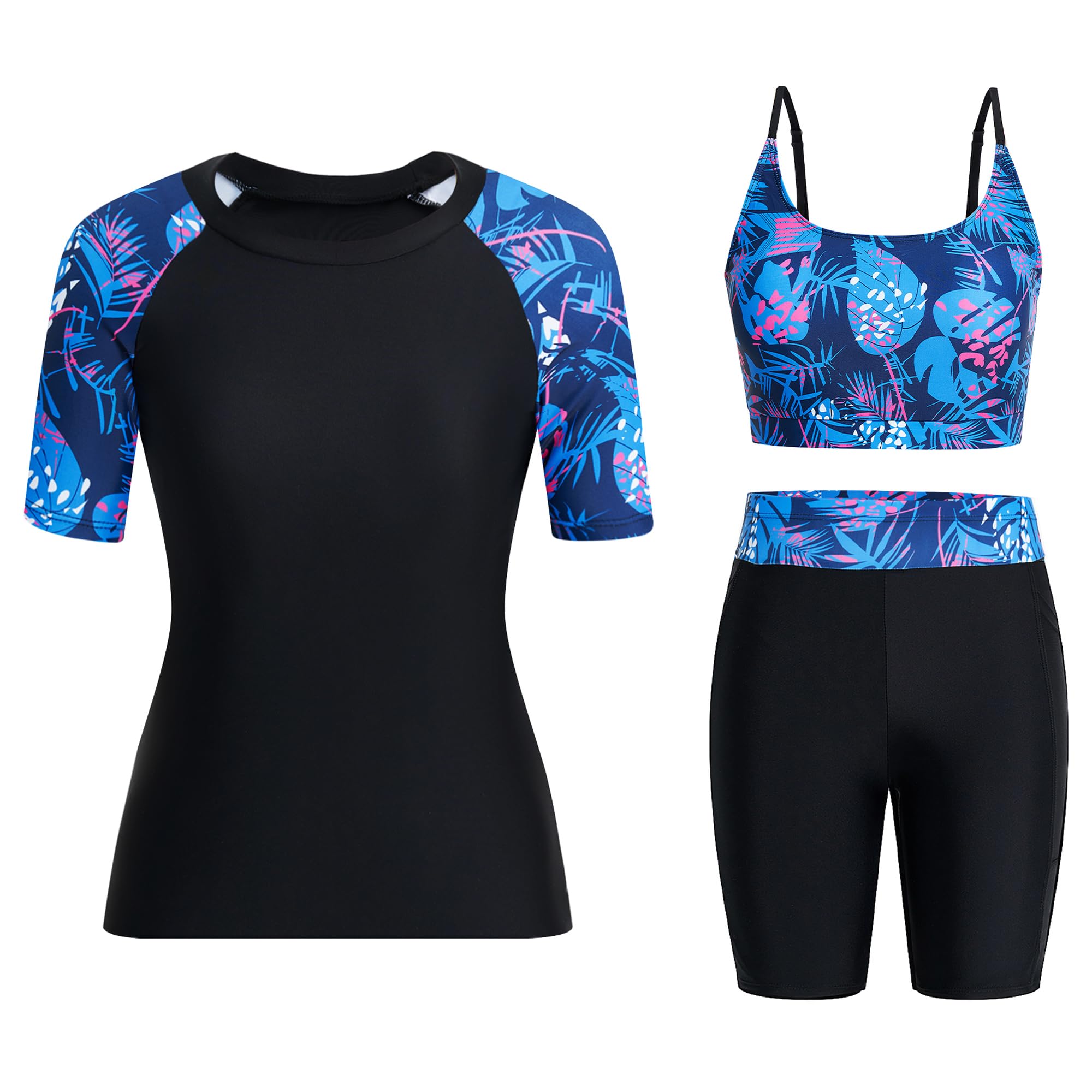 Owntop Maillot de bain 3 pièces Rashguard UPF50+ UV pour femme | Rashguard à manches courtes, haut de bikini et short taille haute | maillots de bain modestes | natation surf