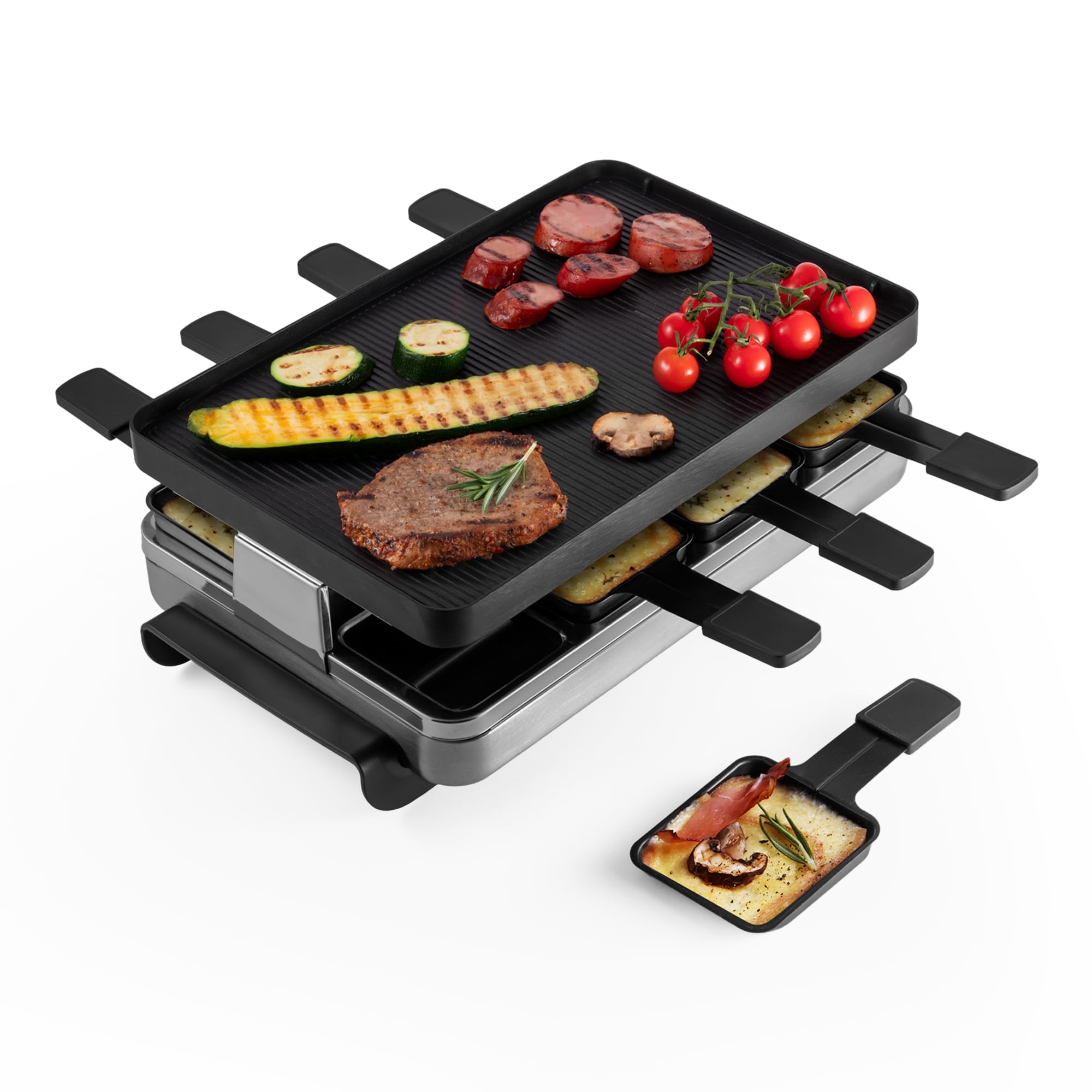 Swissmar Classic Raclette Party Grill with Reversible Cast Aluminum Non-Stick Grill Plate/Crepe Top, Outdoor & Indoor Electric BBQ Grill, Samgyupsal Griller - Brushed Stainless Steel - 8-Person