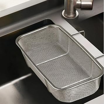 Stainless Steel Side Sink Drain Strainer Basket, Corner Hanging Sink Strainer Colander Drain Basket, Kitchen Sink Food Waste Filter and Vegetables Fruits Clean Silver rectangle