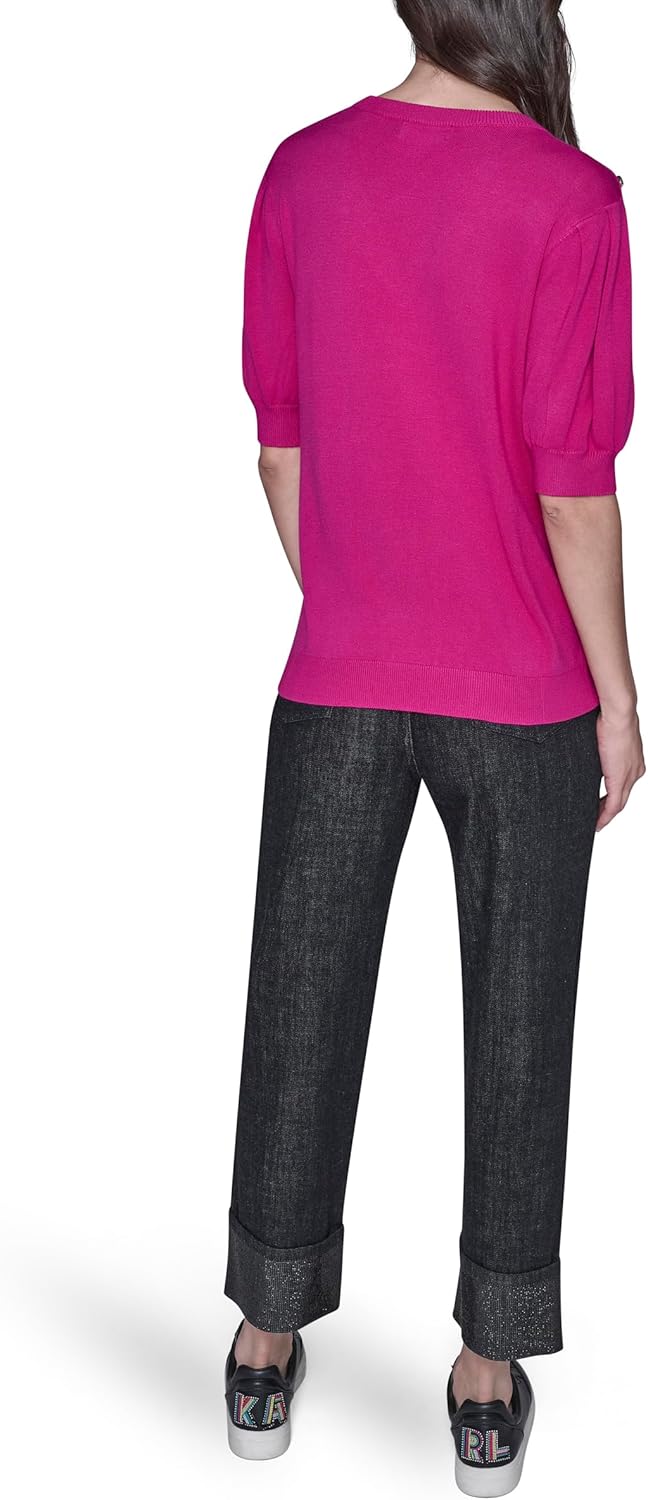 Karl Lagerfeld Womens Short Sleeve V-Neck Crystal Button Sweater - Image 4
