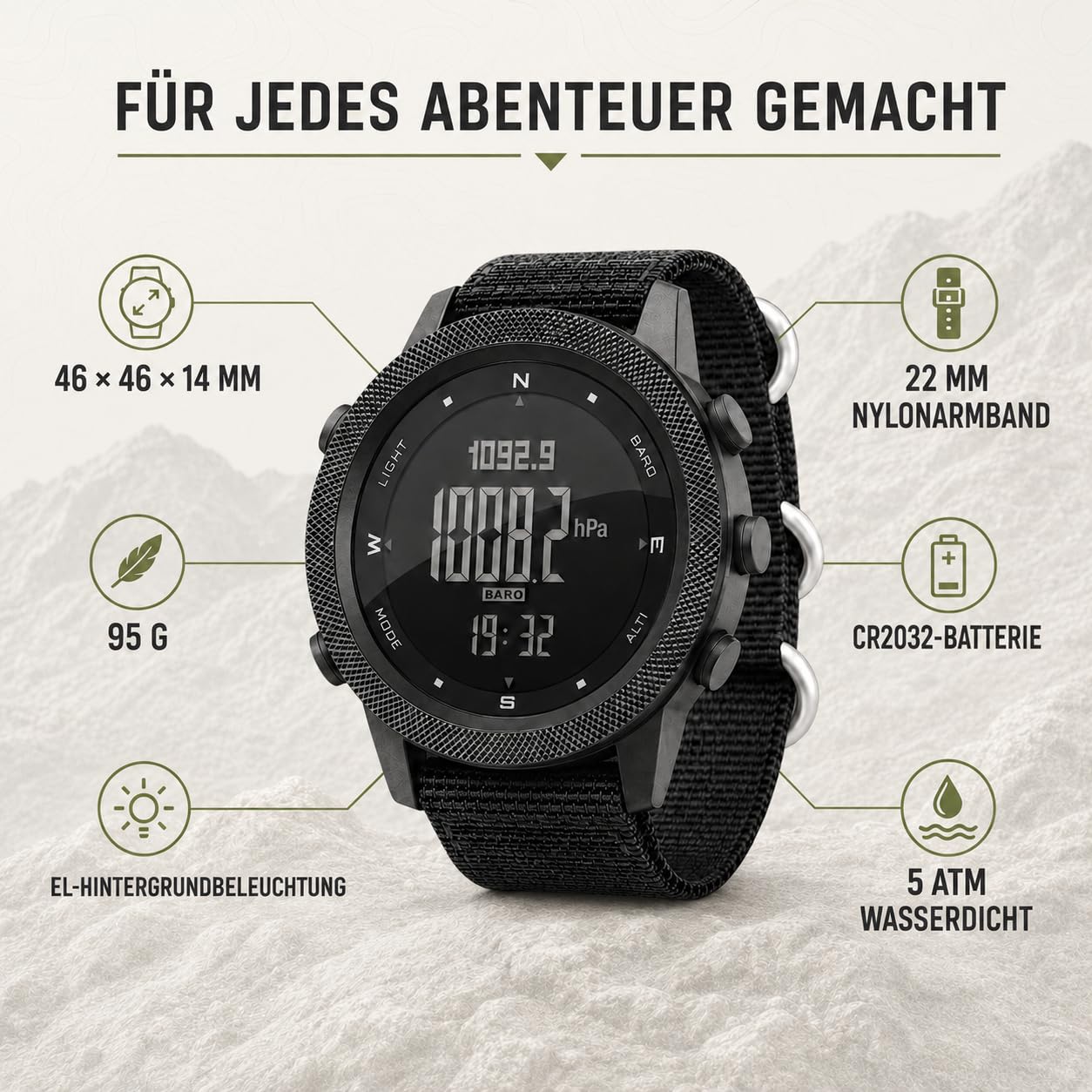 NORTH EDGE Apache Outdoor Digitaluhr Herren, 50M, Kompass | ABC-Outdooruhr, 50M wasserdicht, Höhenmesser, Barometer, Kompass, Schrittzähler, EL-Licht