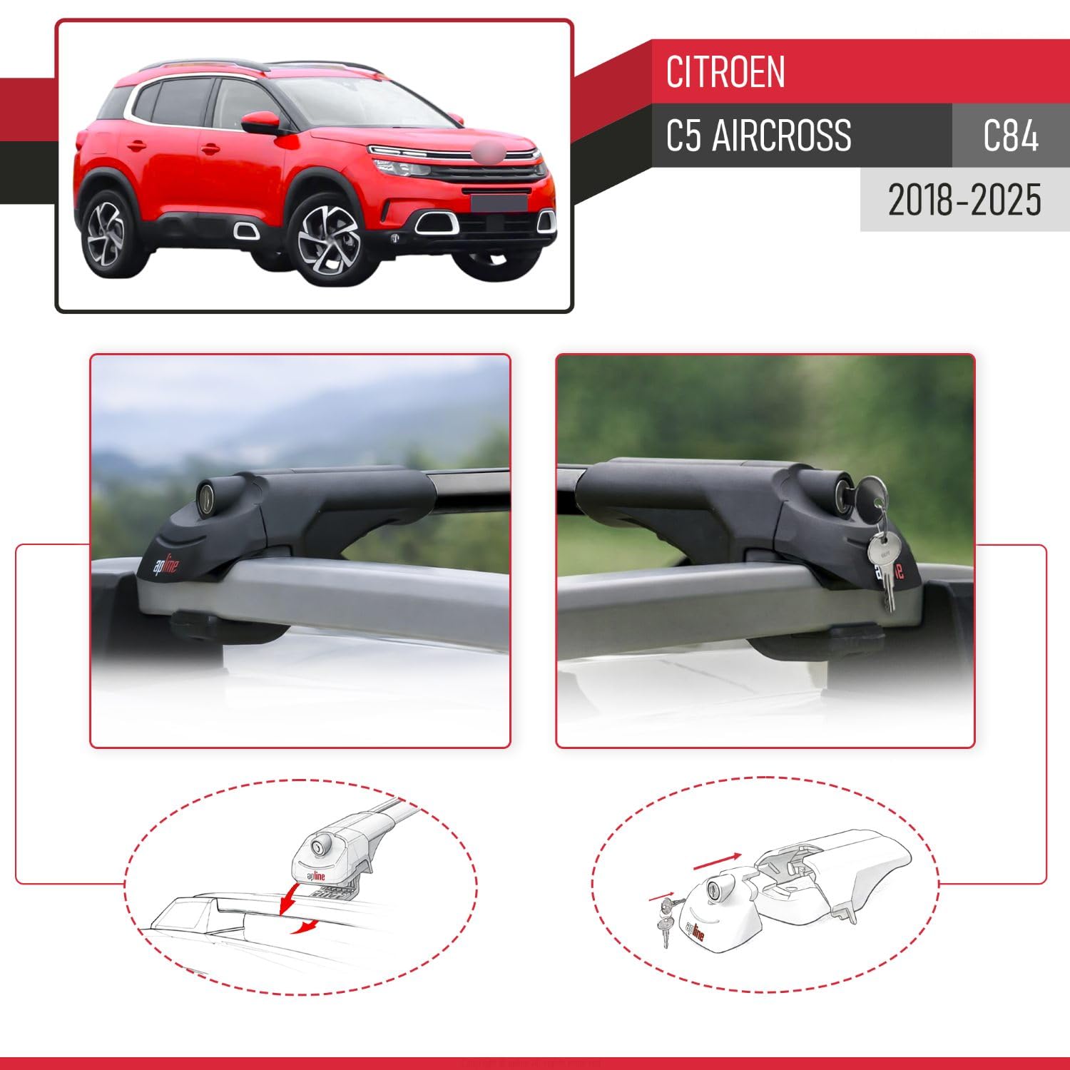 MDAK Compatible avec Citroen C5 Aircross (C84) 2018-2025 ACE-1 Modèle Barres de Toit Railing Porte-Bagages de Voiture Aluminium Noir 2 Barres