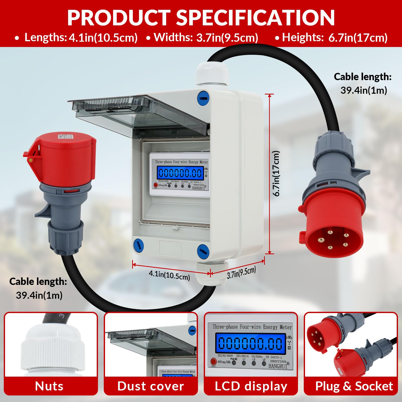 Mobiler Digitaler Stromzähler 32A 230V IP65 Wasserdicht, KWH Messgerät mit CEE-Stecker, LED-Anzeige & Reset-Taste für Wohnmobile, Elektrofahrzeuge, Haushalt & Outdoor