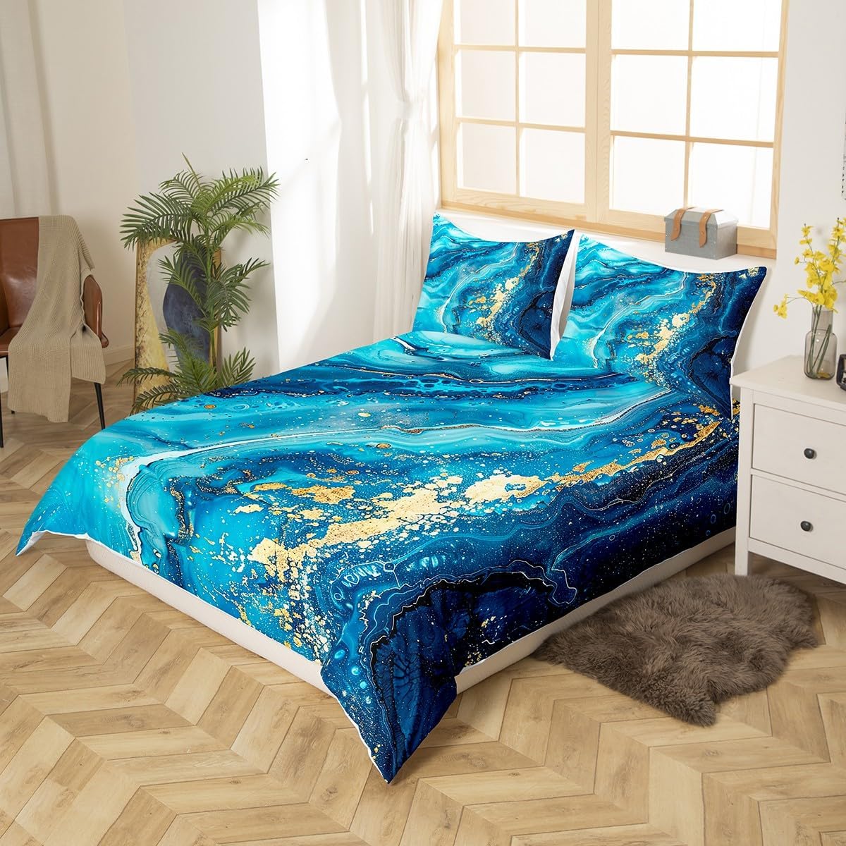 Erosebridal Blue Marble Duvet Cover, Stone Pattern Fluid Bedding Set Full for Kids Boys Teens Adult,Gold Glitter Abstract Marbling Comforter Cover Metallic Marble Texture Quilt Cover,2 Pillow Cases