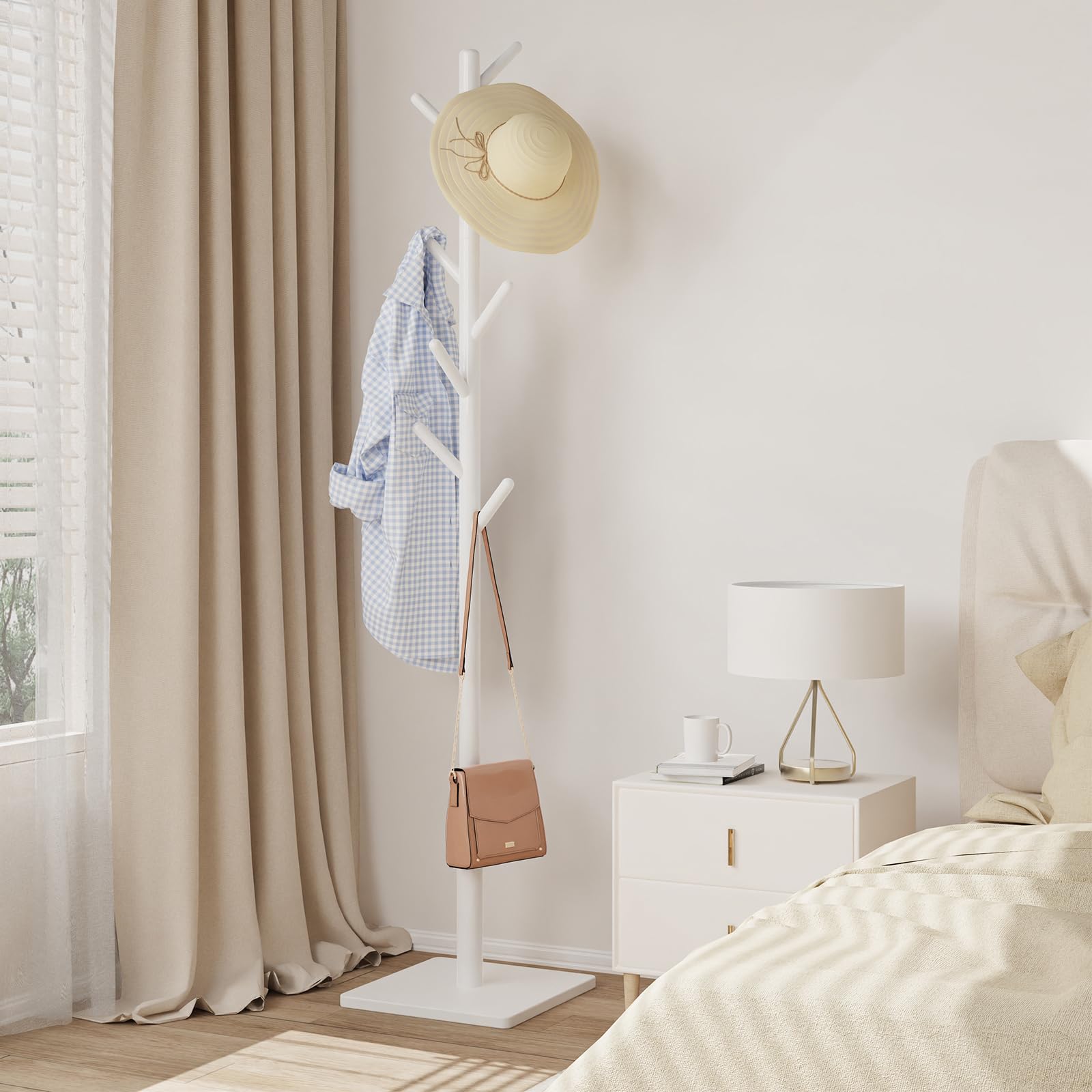 Appendiabiti da Terra, Attaccapanni Ingresso in Legno Massiccio, 8 Ganci, 3 Hauteurs, per Abbigliamento, Cappelli, Sciarpa, per Ufficio, 30×30×180cm, Bianco