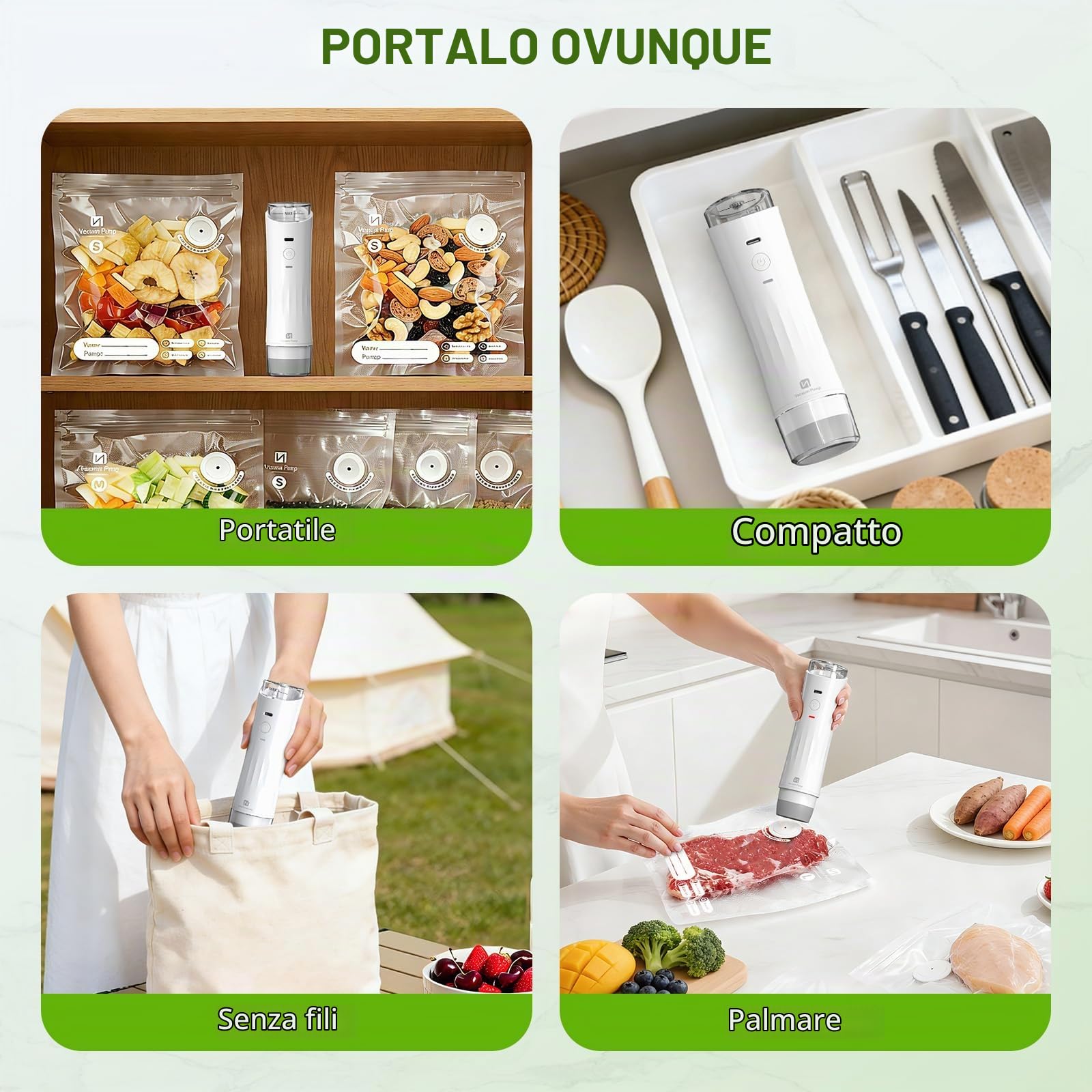 3 in 1 pratica macchina sottovuoto compatta con serbatoio d'acqua, saldatrice per alimenti con 15 sacchetti riutilizzabili, 10 coperchi per barattoli Mason, ricarica USB, freschezza garantita