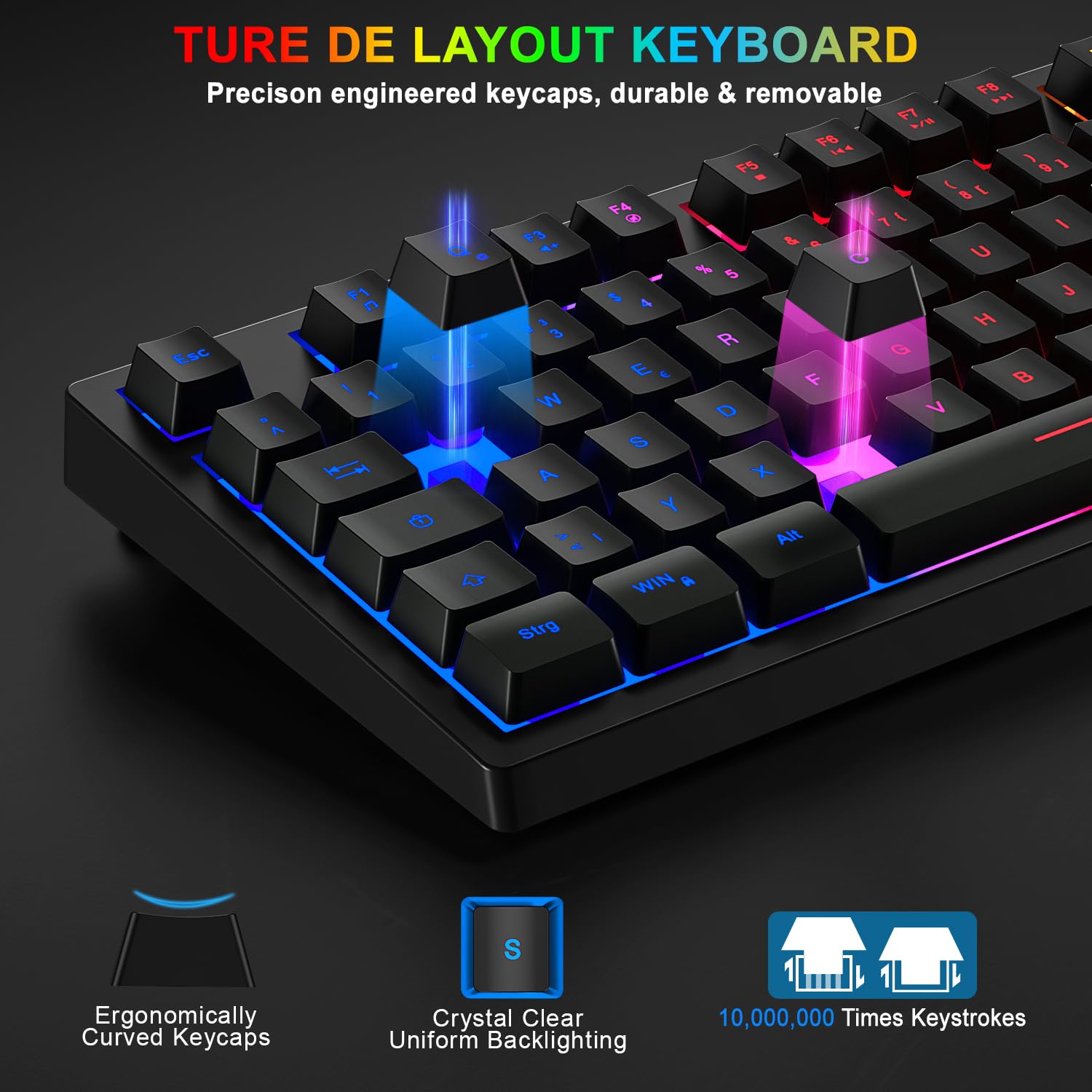 Tastatur und Maus Set, QWERTZ DE Layout 75% TKL Tastatur, RGB Beleuchtete Tastatur, 4 Farben Ergonomische Gaming Maus, Kabelgebundene Gaming Tastatur Maus mit Mauspad für PC, Mac