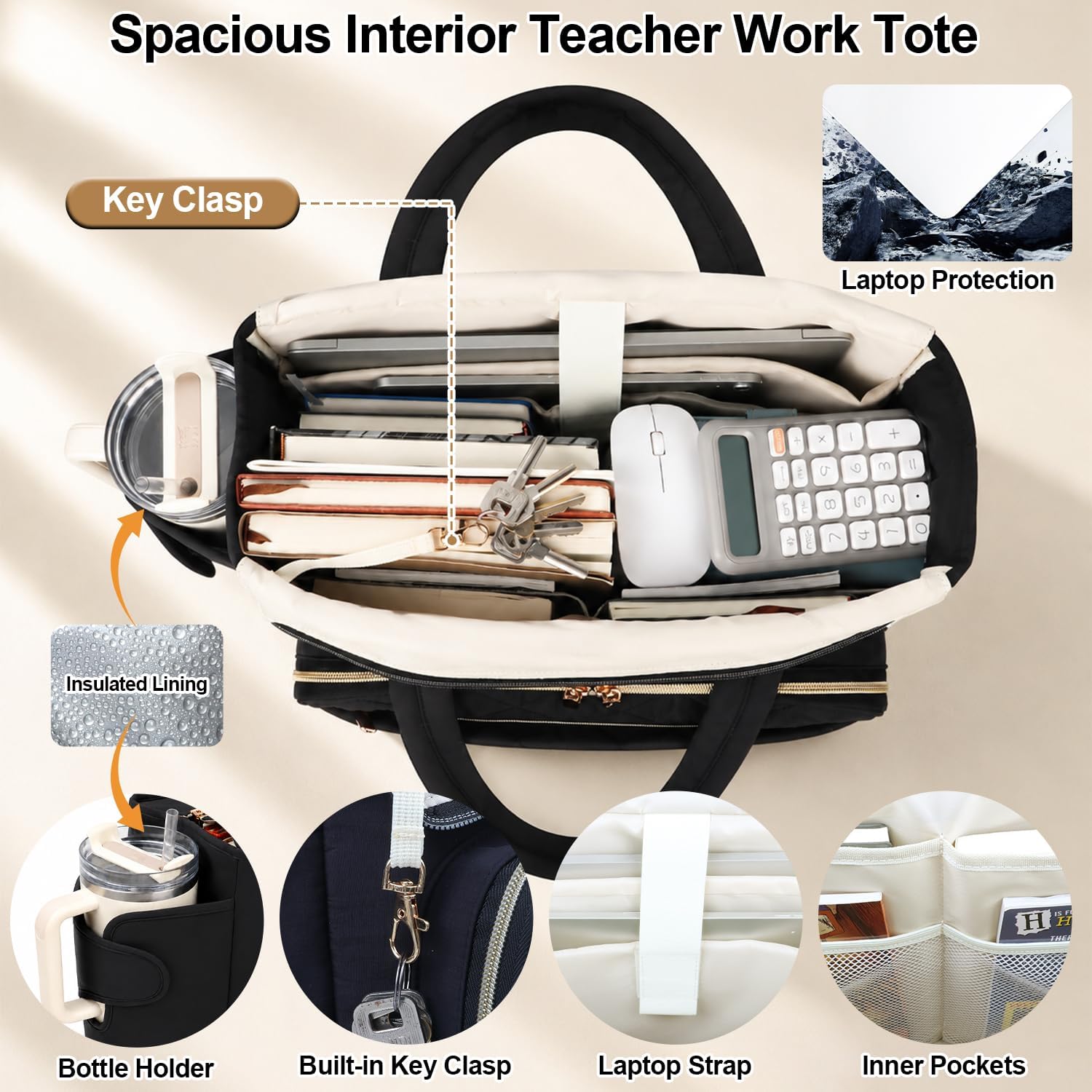 Covkev Lightweight Puffer Work Tote Bag for Women with Insulated Lunch Compartment& Accordion File Organizer, Teacher Tote Bag with 15.6 inch Laptop Compartment& Cup Holder for Daily& Office
