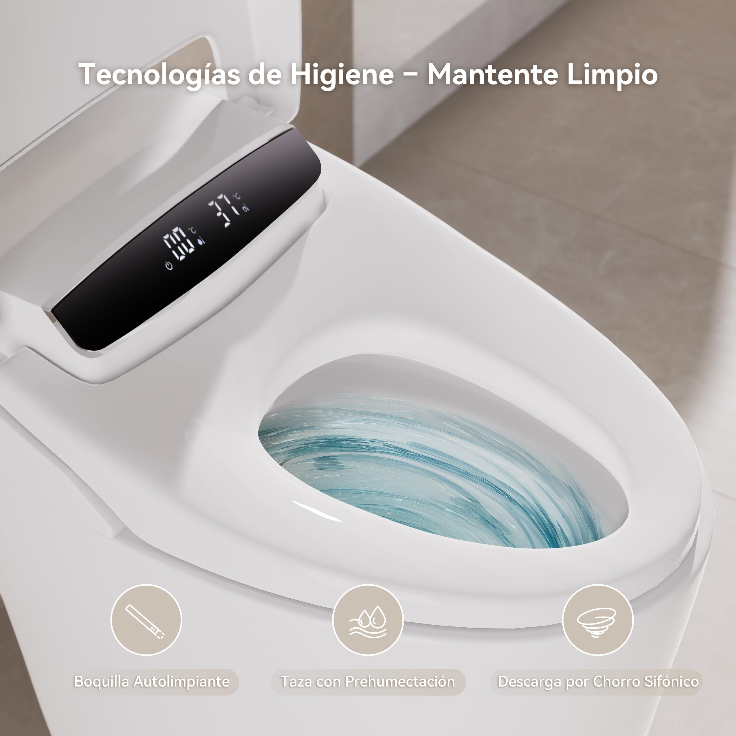 Homary Inodoro Inteligente Japonés Sin depósito con Bidé Integrado Automático, Asiento Calefactable, Luz Nocturna, Estándar Tapa de Accionamiento Manual, Salida al Suelo, J021123088