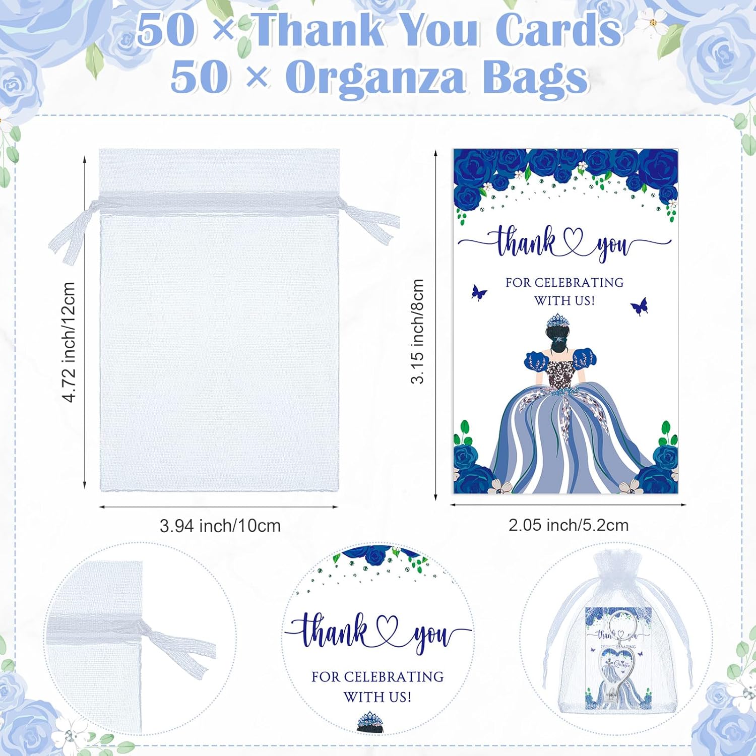 Landical 50 Sets Blue 15th Quinceanera Party Favors Includes Quince Keychain Bottle Opener Nail Clipper Thank You Cards Organza Bags for Guests Sweet 15 Birthday Party Adults Souvenirs - Image 3