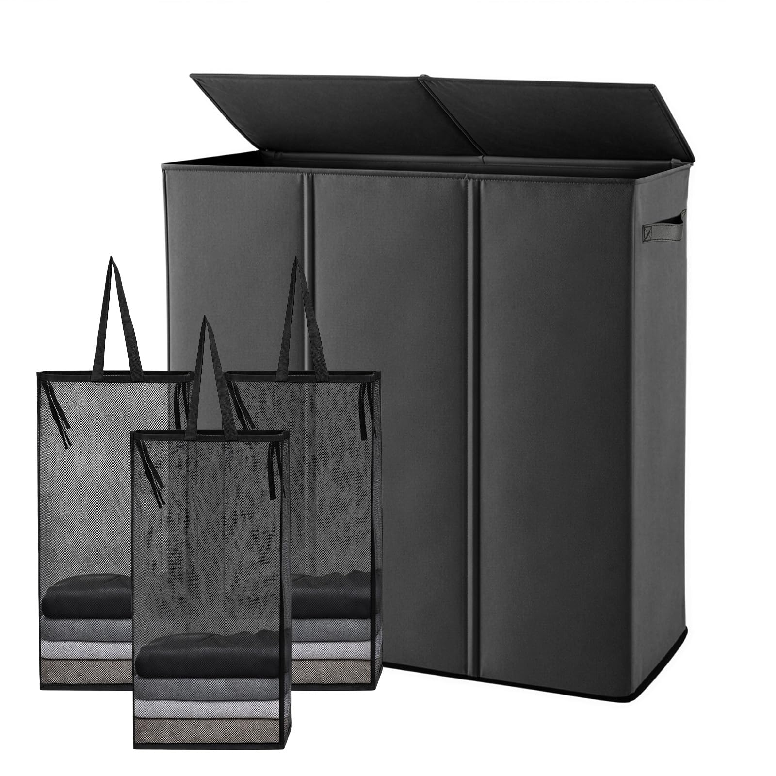 GreenWhim 3 Section Laundry Hamper with Lid and Removable Laundry Bags Freestanding Laundry Basket Sorter Foldable Clothes Hamper Organizer for Bedroom Laundry Room Bathroom (Black, 160L)