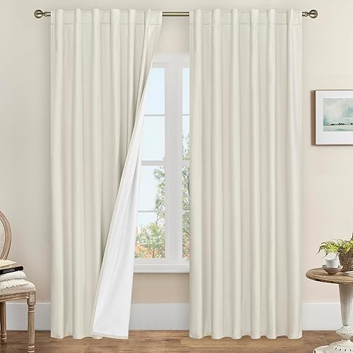 LAMIT Cortinas 100% opacas para sala de estar, lino texturizado de 95 pulgadas, con aislamiento térmico, cortinas para dormitorio, pestaña trasera y