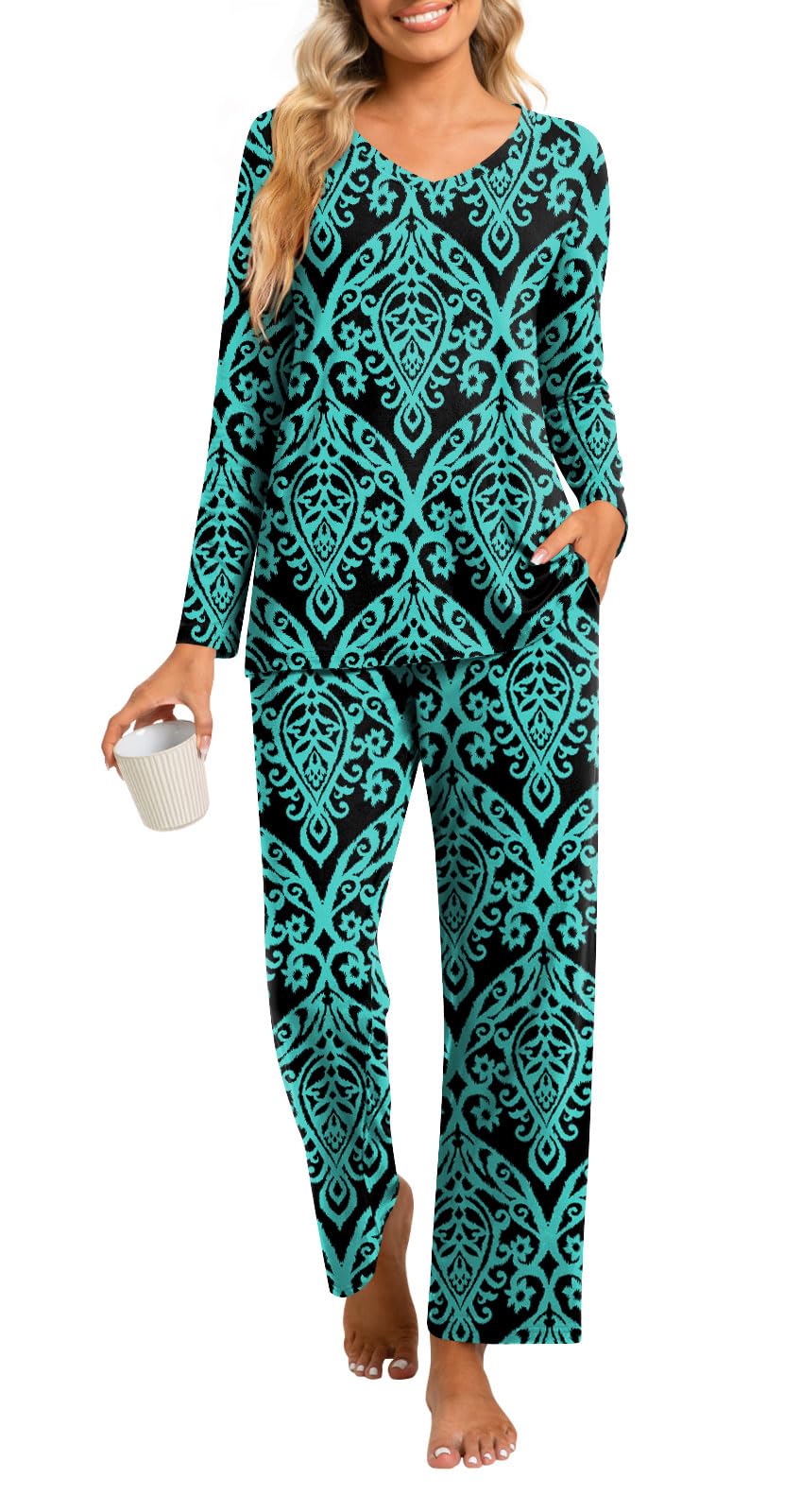 syoss Womens Pajamas Set 2 Piece Ladies Pjs Sets with Pockets M, Floral Blue-Green