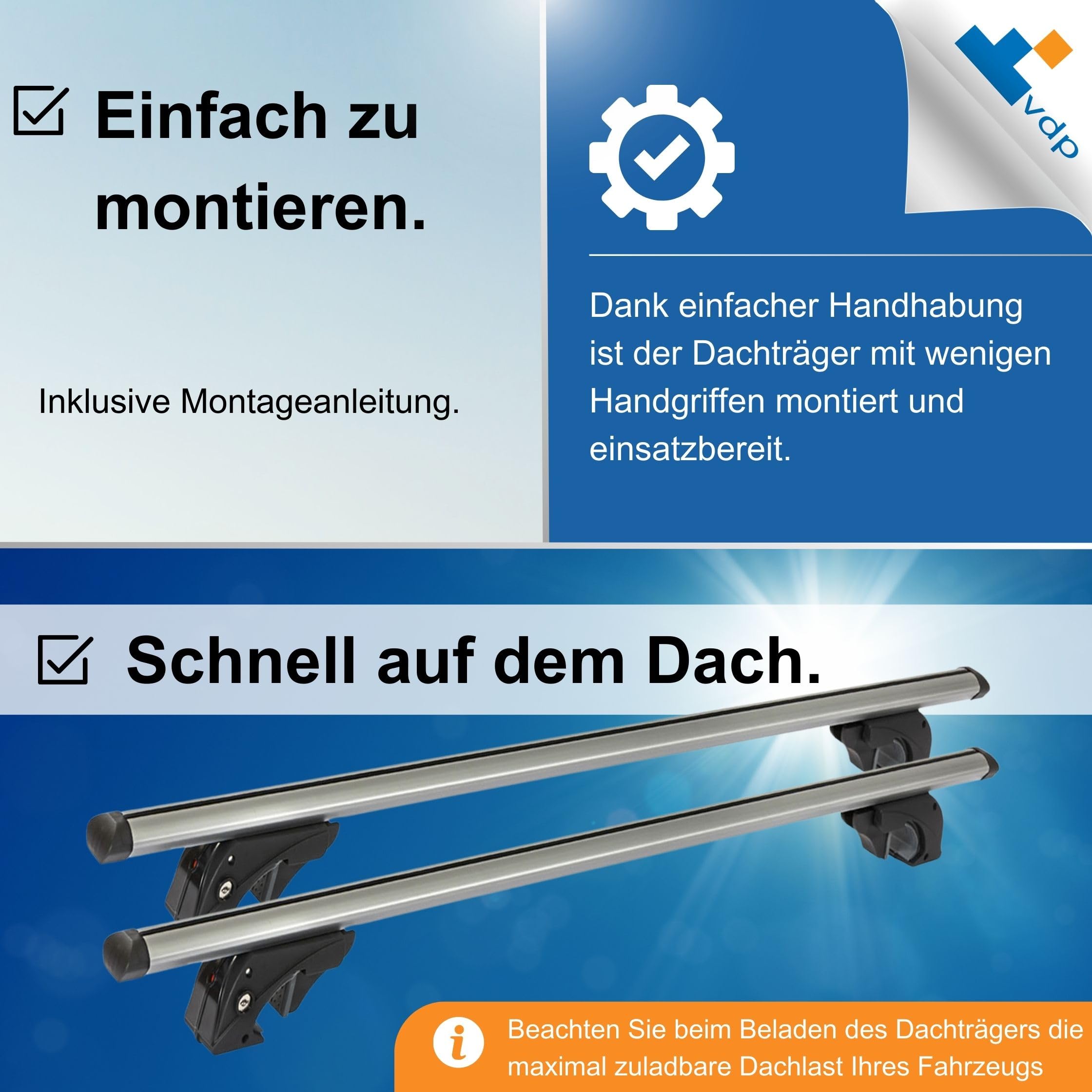 Dachgepäckträger Auto - Dachträger Universal Lion 1 | Auto Dachträger offene Reling | Dachträger für Reling abschließbar | Aluminium Grundträger Dachreling bis 90kg - 120 cm Länge