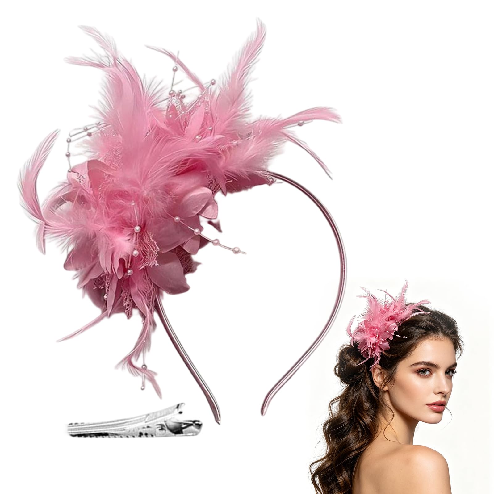 FUNLOV Feather Pearl Veil Headband with a Forked Clip for Girls & Women, Fascinators Hat Flower Mesh Ribbons Feathers on a Headband Tea Party Headwear for Wedding Cocktail Dresses Accessories (Pink)