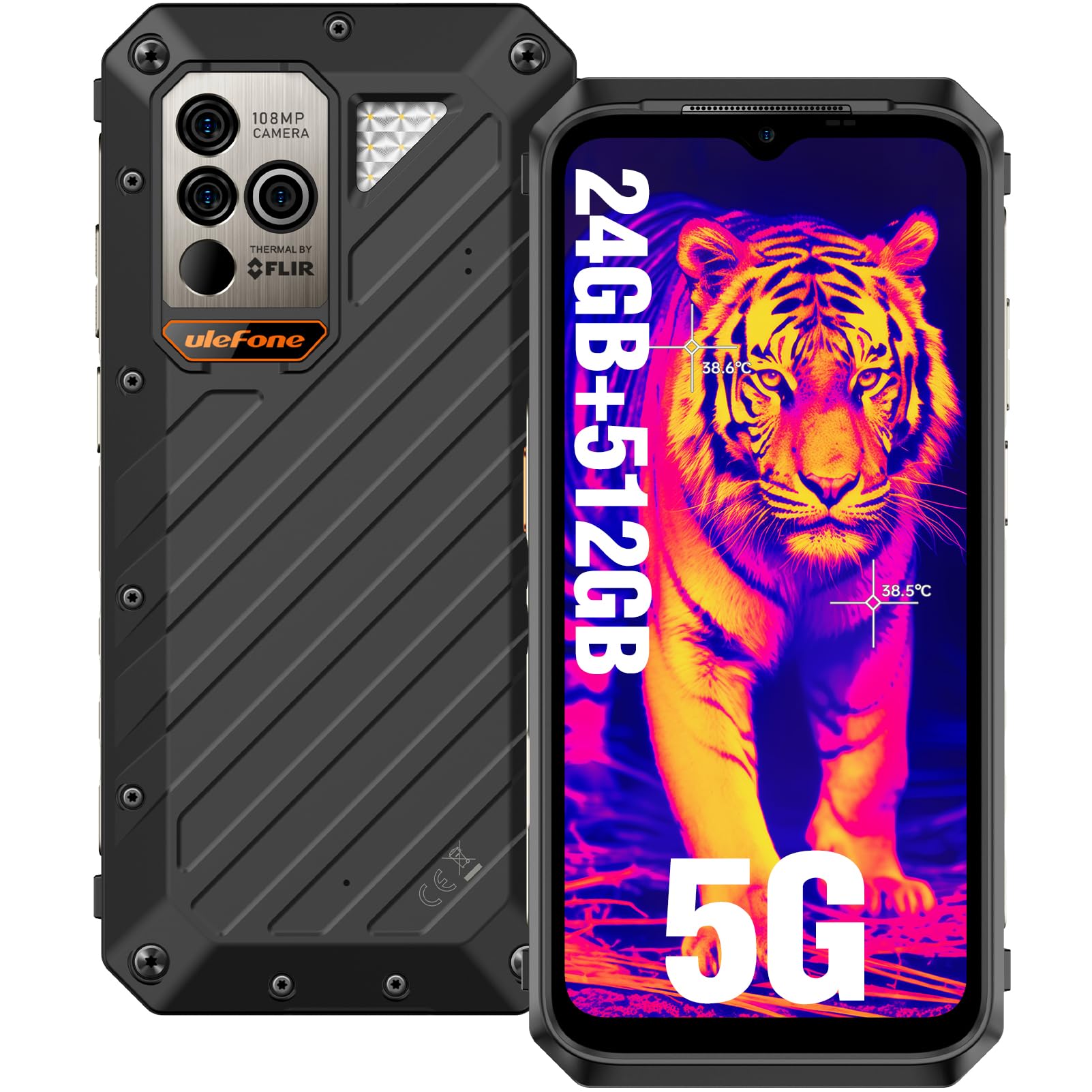 Ulefone Power Armor 18T Ultra 5G Rugged Smartphone, 24GB+512GB, Thermal Image Camera, 108MP Camera, MTK Dimensity 7050, 9600mAh Battery, 6.58" Android 13, uSmart Expanded Connector Rugged Phone NFC