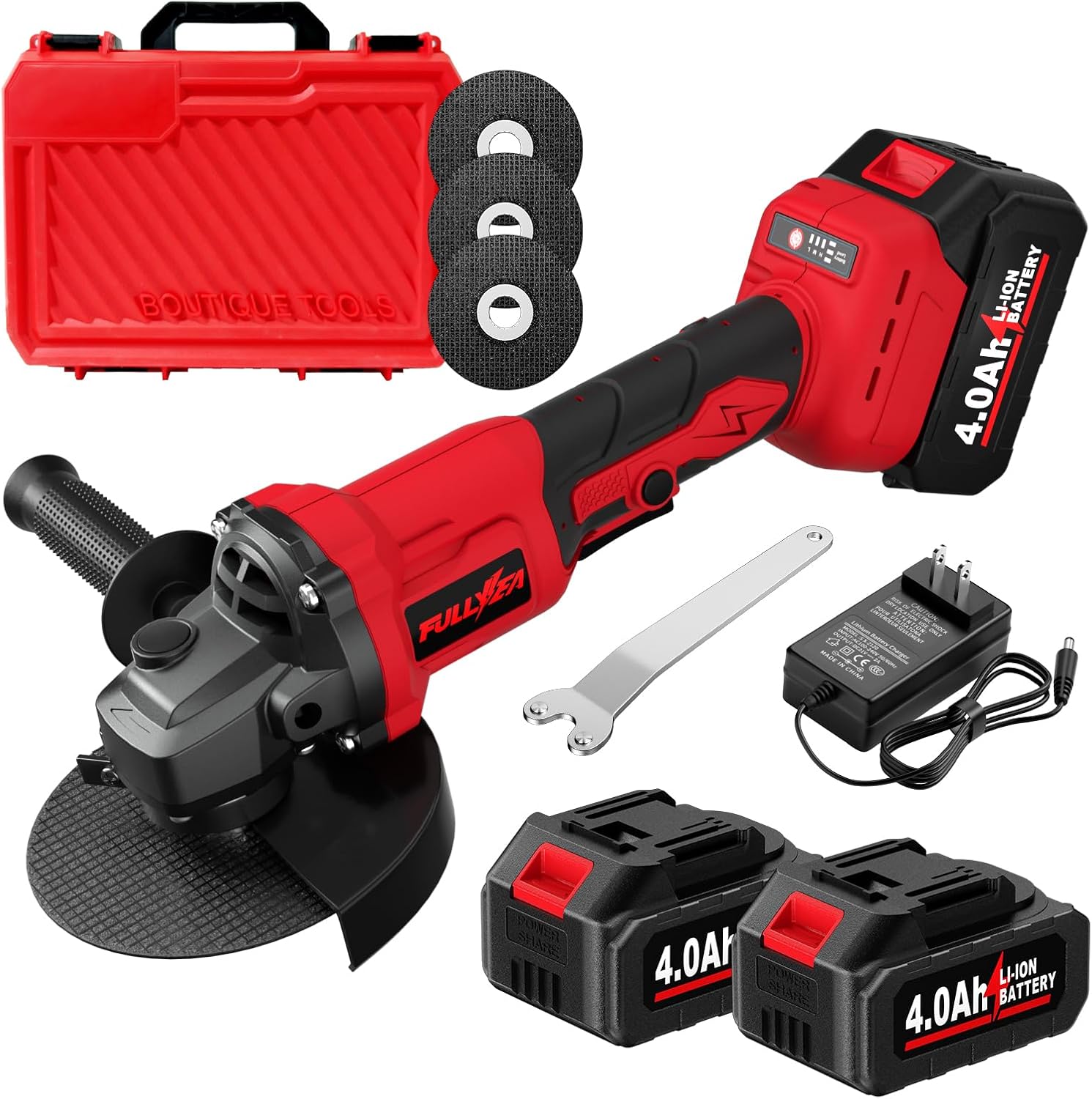 Cordless Angle Grinder 4-1/2 inch, 3-Speed Adjustable, 10000 RPM Electric Angle Grinder Portable with 2*4.0Ah Batteries & 3 Wheels, Battery Powered Grinder Tool Kit for Wood/Metal/PVC Cutting