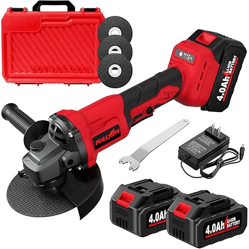 FULLYEA Cordless Angle Grinder 4-1/2 inch, 3-Speed Adjustable, 10000 RPM Electric Angle Grinder Portable with 2*4.0Ah Batteries & 3 Wheels, Battery Powered Grinder Tool Kit for Wood/Metal/PVC Cutting