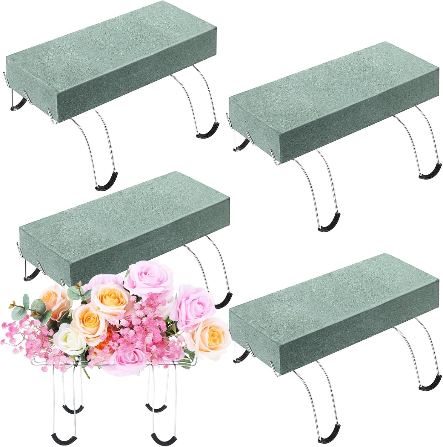 4 Pack Headstone Flower Saddle 12 Inch Grave Saddles for Cemetery Headstones for Graves Wire Rustproof Galvanized Tombstone Saddle with Floral Foam for Grave Headstone Cemetery Floral Decorations