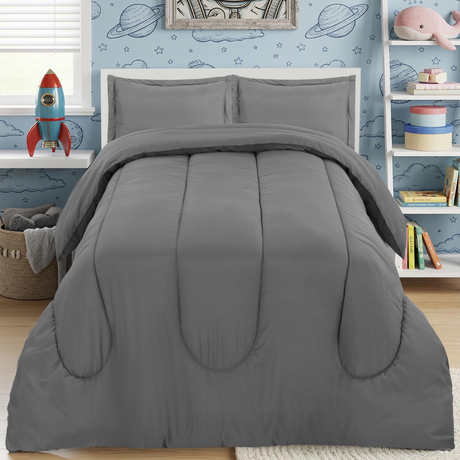 Utopia Bedding Grey Kids Comforter Set with 2 Pillow Shams, 3 Piece Soft Microfiber Twin Bed Comforter with Pillow Shams, Printed Kids Bedding for Boys and Girls, Lightweight, Breathable,Easy Care