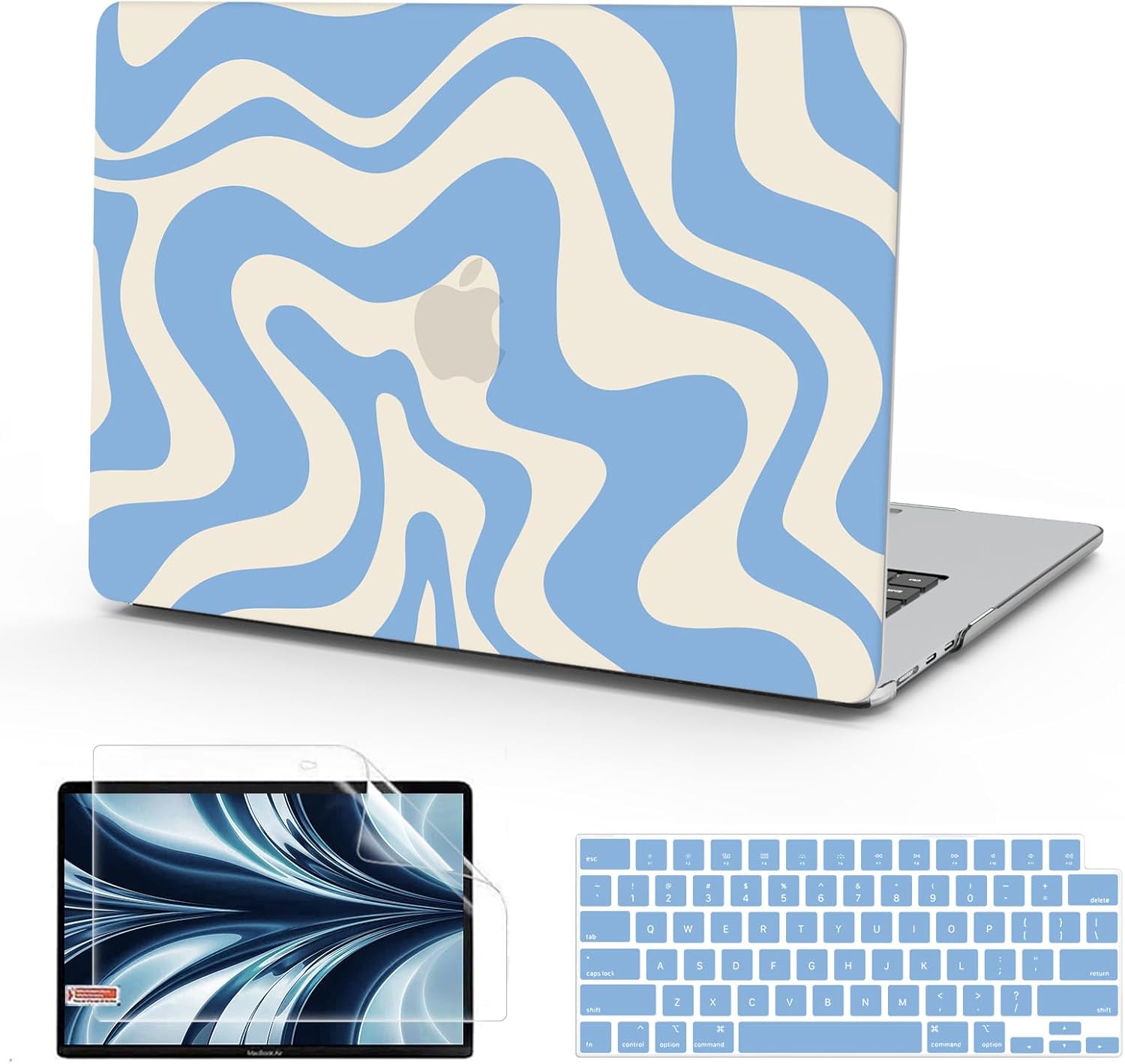 B BELK Compatible with MacBook Air 13 inch Case 2026 2025 2024 2023 2022 M4 M3 M2 A3240 A3113 A2681, Plastic Hard Shell + Keyboard Cover + Screen Protector for MacBook Air 13.6 inch Case, Blue Wave