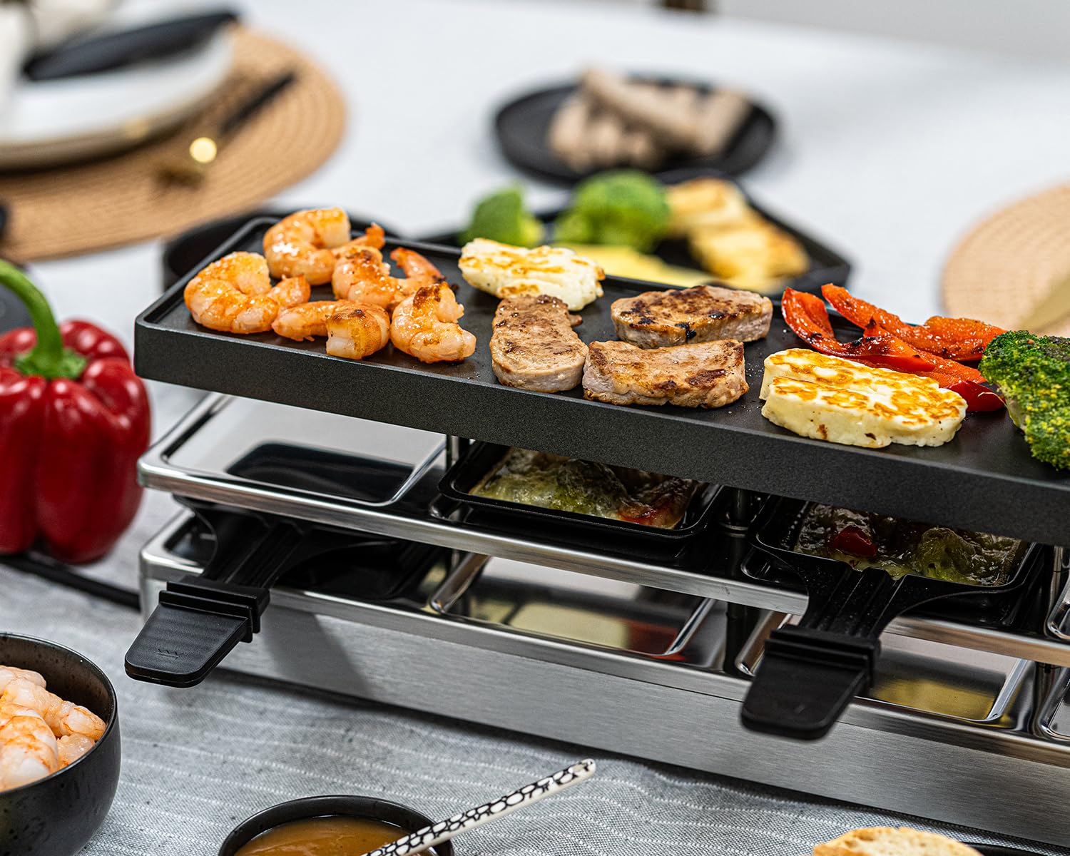 ROMMELSBACHER RC 800 - Parrilla raclette fun for 4 (parrilla de mesa, para 4 personas, ampliable, cubierta de aparcamiento, plancha de aluminio fundido a presión con revestimiento antiadherente Xylan