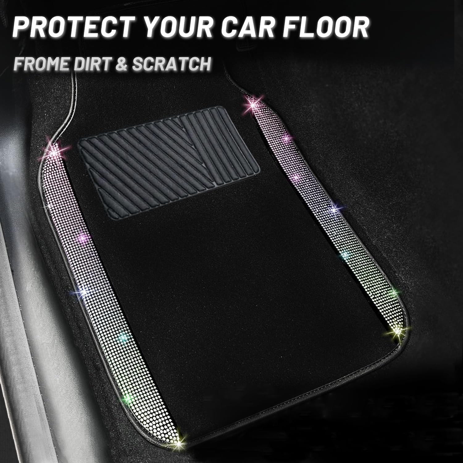 NBTEPEM Multicolor Bling Car Floor Mats Full Set, Universal Fit Most Cars,SUV, Trucks, 4 pcs Sparkle Glitter Diamond Carpet for Women Girls with Anti-Slip Pad (Colorful Diamond)