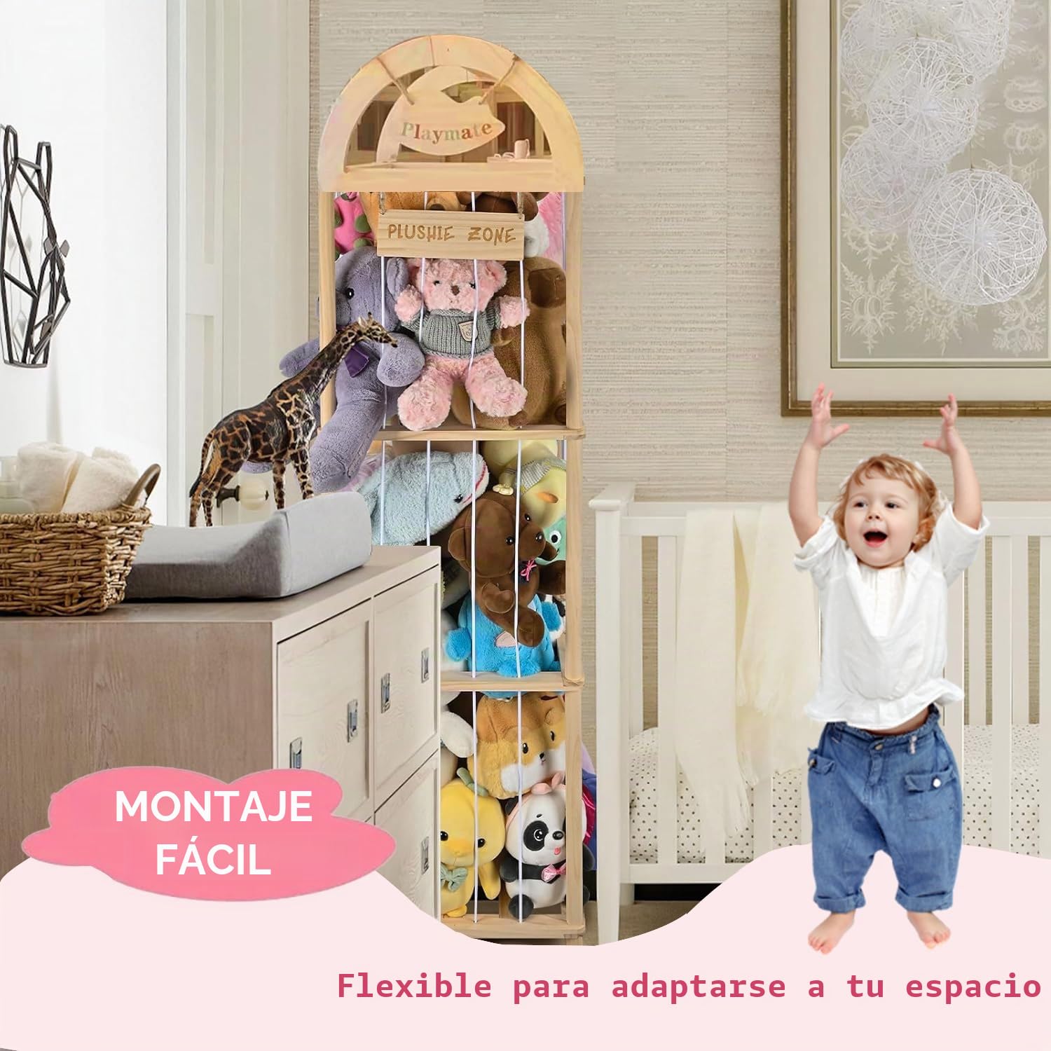 Organizador Peluches En Madera,Organizador Peluches,Guarda Con Reudas a 360°y Frenos,Ahorro De Espacio,Gran Capacidad,Portaositos Para Habitaciones Infantiles,Salas De Juegos,Etc.