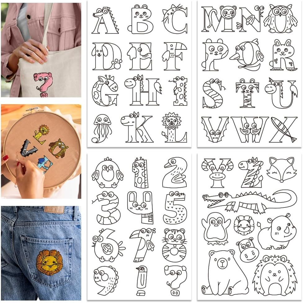 GLOBLELAND 4 Sheets Animal Alphabet Water Soluble Stabilizer Bear Penguin Snake Hedgehog Embroidery Stick and Stitch Stickers for DIY Sewing Embroidery Adhesive Hand Sewing Stabilizers 11.7x8.3inch