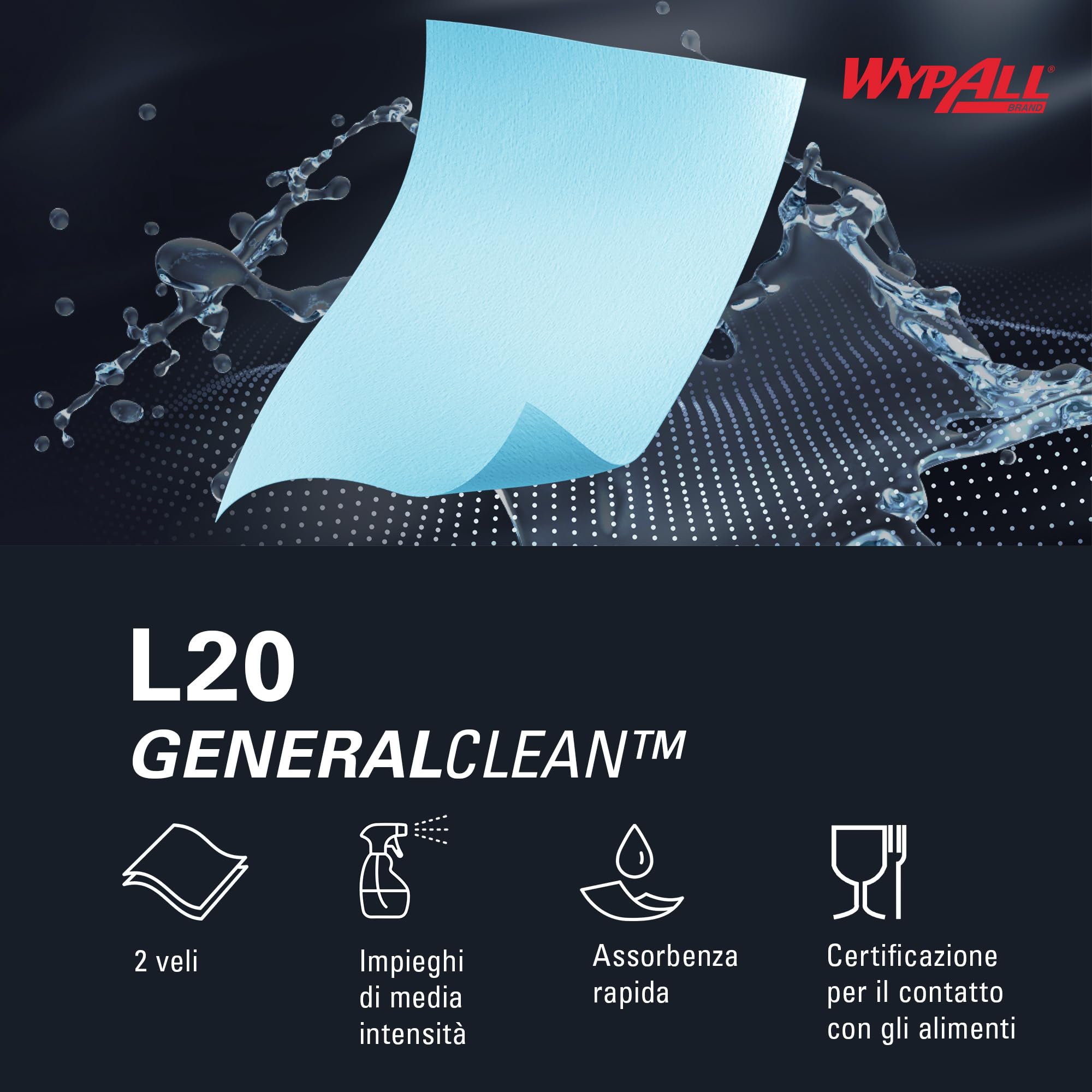 WypAll L20 Maxi Rotolo Panni Carta 7300, 2 Veli, Blu, 500 Fogli, Biodegradabili, Certificato Contatto Alimentare