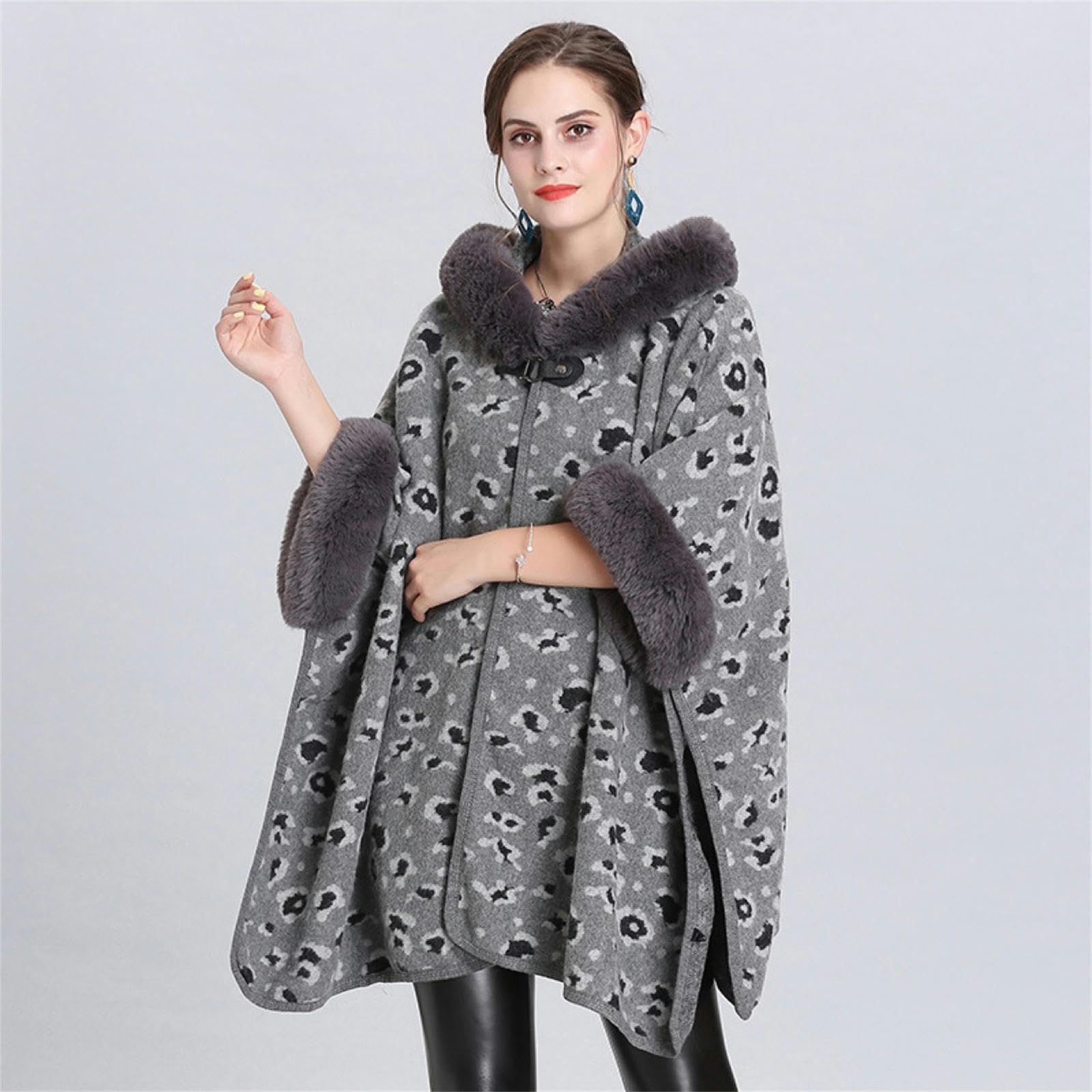 Poncho Donna Scialcano con Cappuccio con Cappuccio per Leopardo Autunno E Inverno Cape di Grande Dimensione Cardigan Woolen Coat per Donne-Cammello