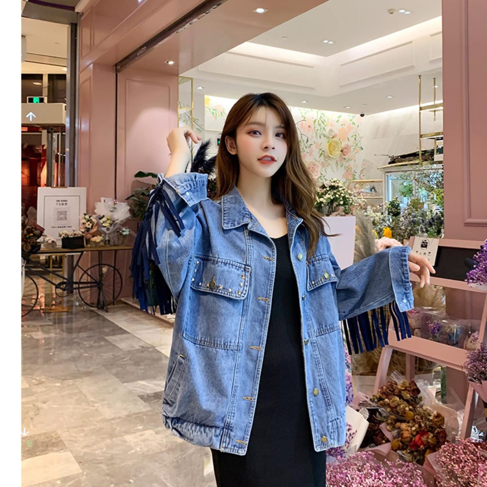 New Punk Tassel Bordado Denim Chaqueta Mujeres Blue Flow Remache Pocket Extremo Spring Spring Jean Chaqueta-Blue,M