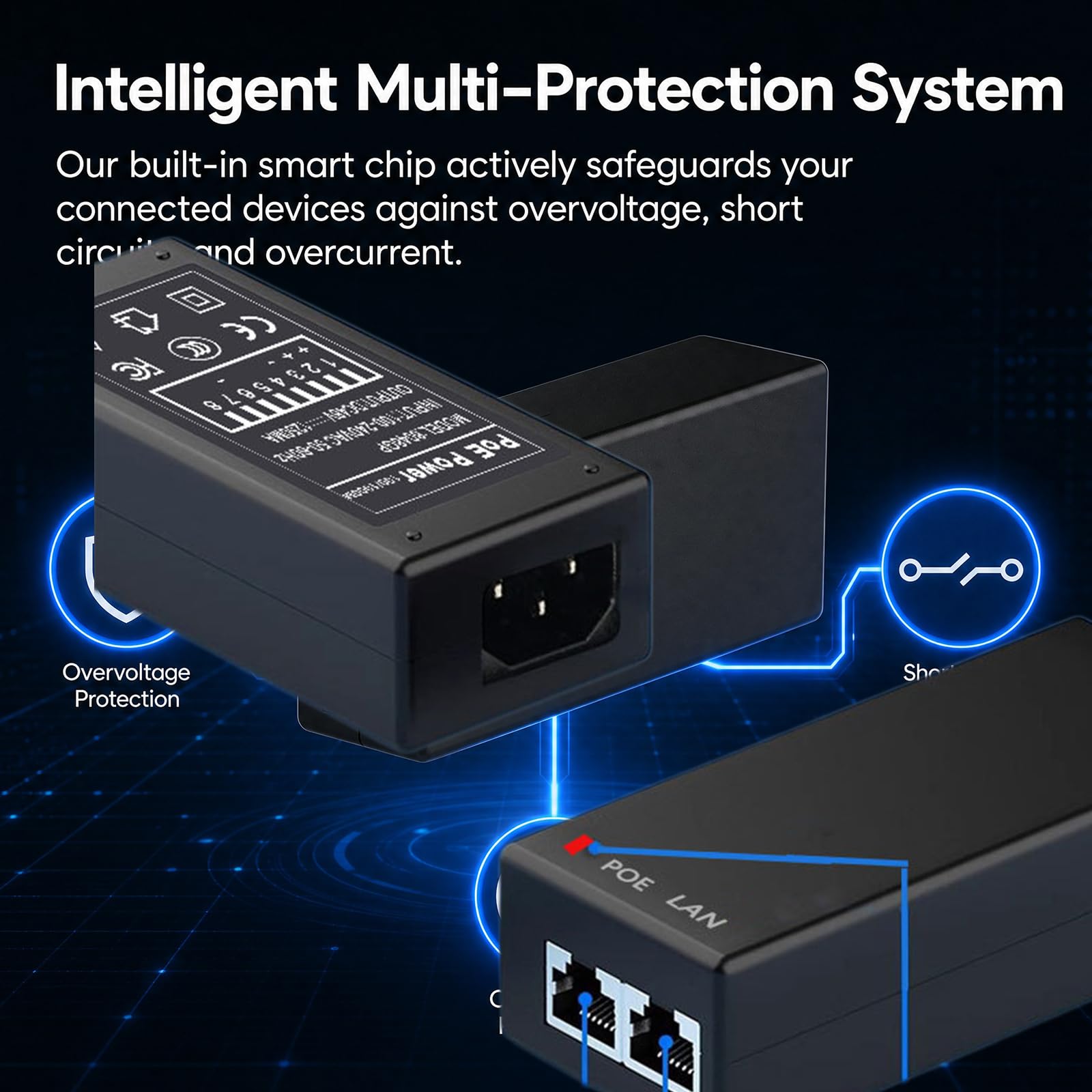 Gigabit Wtryskiwacz PoE 48 V 60 W, adapter Ethernet z 2 portami RJ-45, zgodny z IEEE 802.3af/at/bt do eero PoE 6, UniFi U6 Pro, U6 Mash Pro, G5 Bullet, Reolink RLC-810A/820A kamera IP, bezprzewodowy