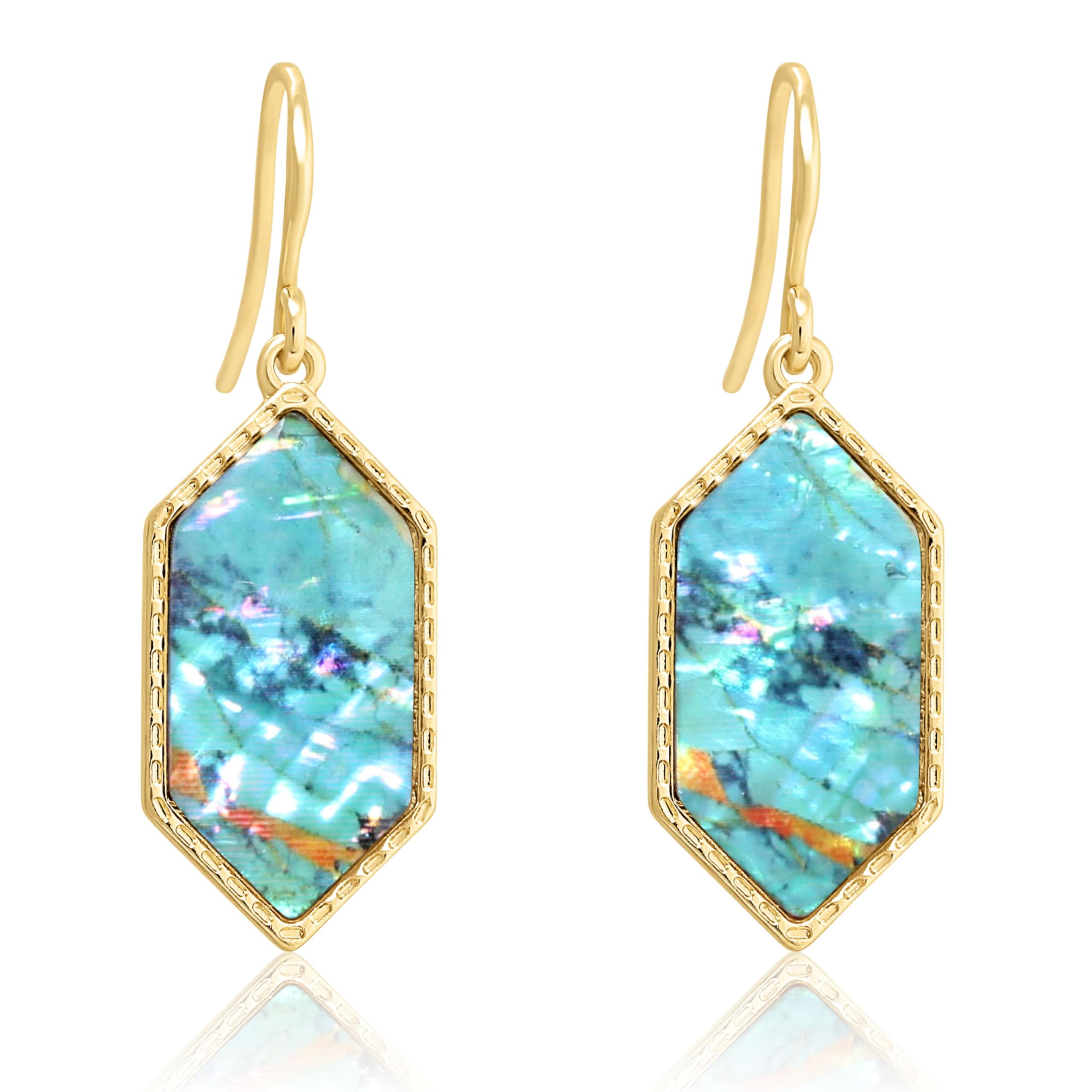 Boho Gold Colorful Abalone Shell Small Hexagon Dangle Drop Earrings for Women