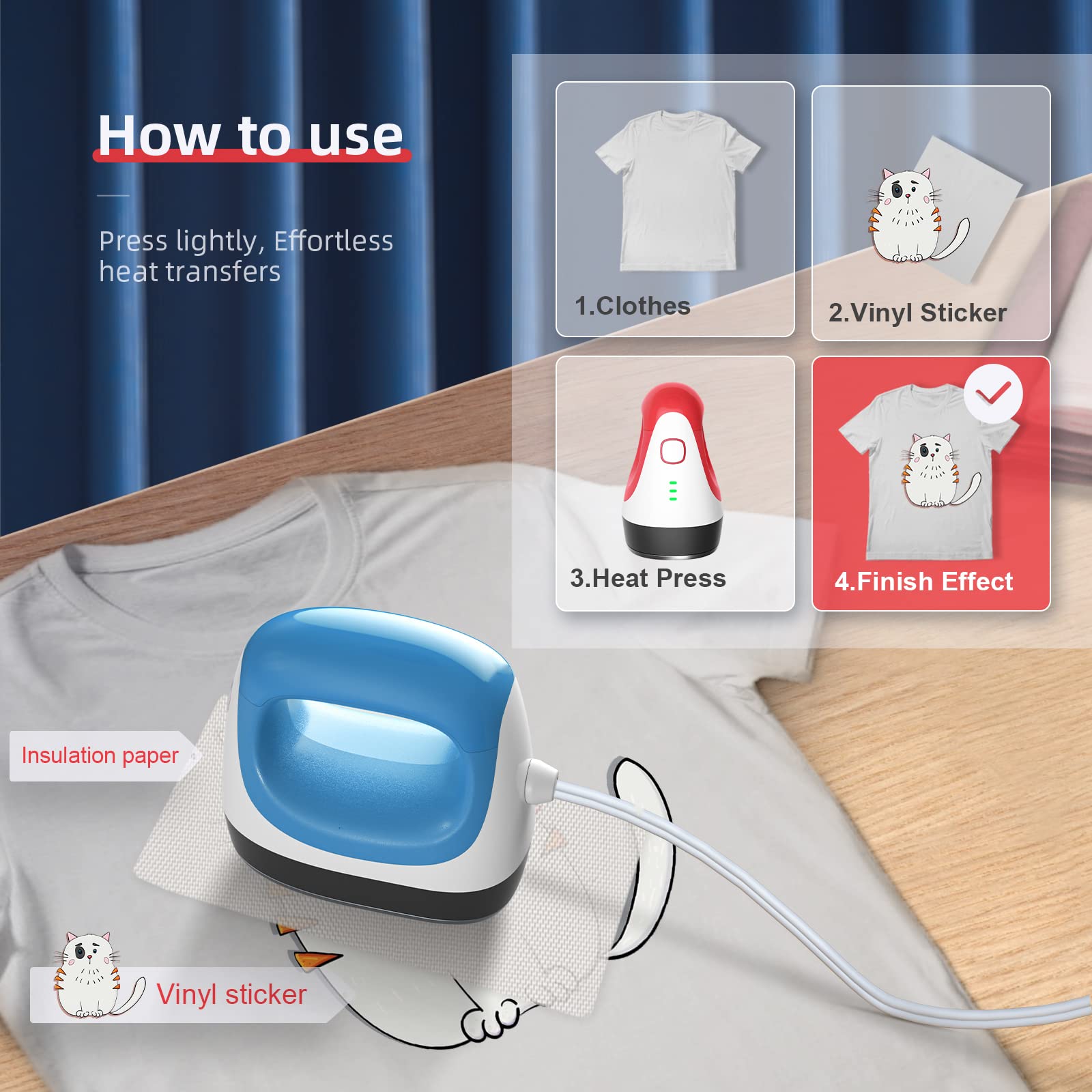 Mini pressa di trasferimento 2.0 generazione blu-bianco, pressa a caldo precisa con spegnimento automatico e cavo da 1,7 m per magliette, scarpe e progetti HTV fai da te, incluso tappetino in silicone