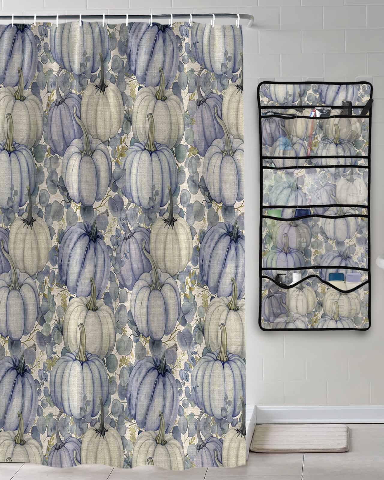 Decorative Shower Curtain Sets Fall Thanksgiving Fabric Shower Curtains Vintage Autumn Purple Pumpkin Eucalyptus Leaves Beige Mesh Shower