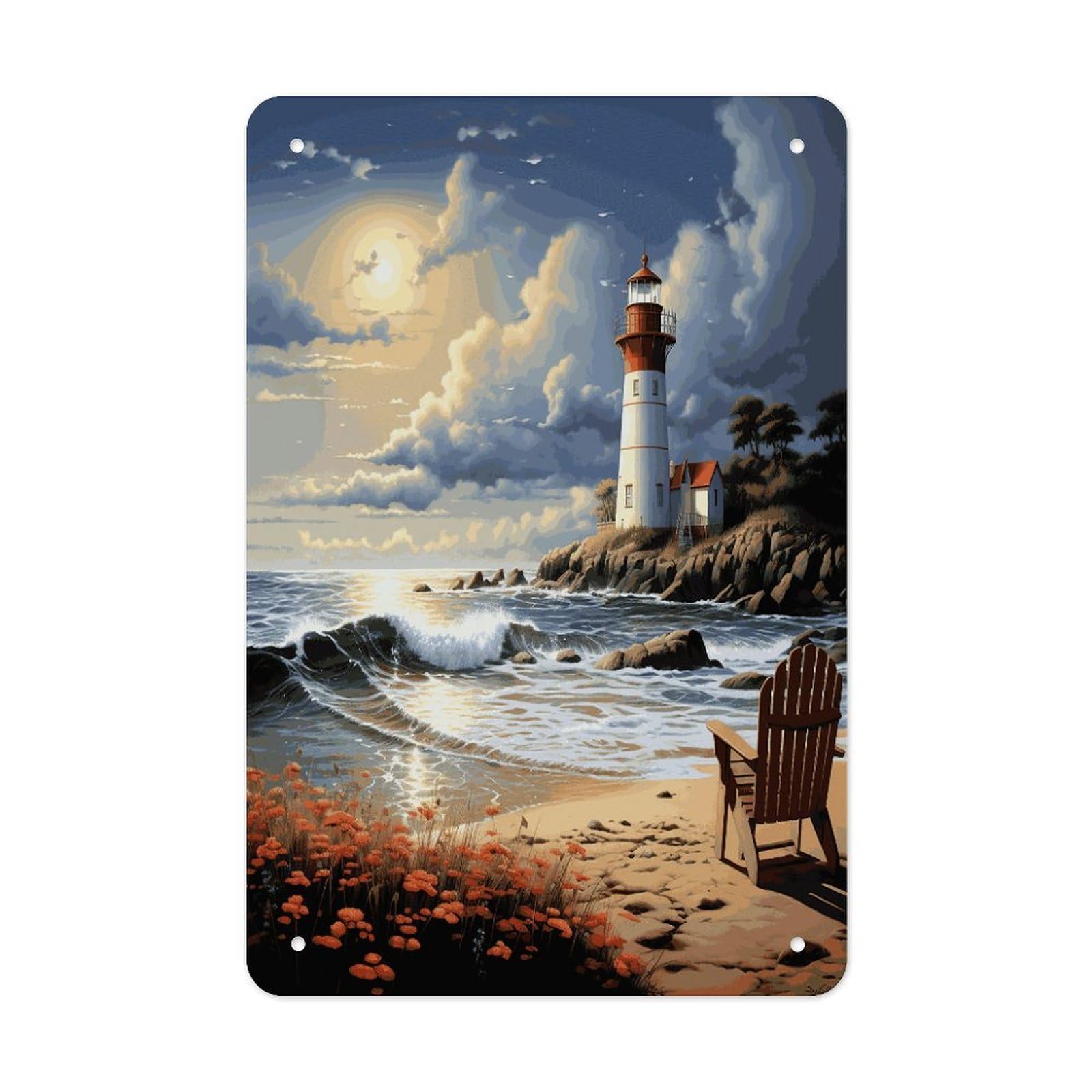 LDGSUPH Sea Lighthouse Sandbeach Wall Art Prints Folded Edge Iron Sheet Painting with Holes for Wall Prints Decorative Picture Metal Signboard Decor Painting for Outdoor Indoor Wall Decor