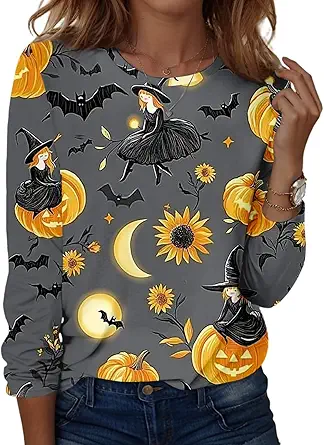 Halloween Shirts for Women Long Sleeve Plus Size Fashion Crewneck Comfortable Tshirts Halloween Costumes for Women