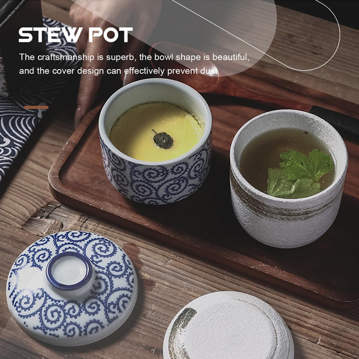 Tazones de Cerámica Japonesa para Estofado Tapa 2 Piezas, Taza para Sopa Humeante Tamaño Individual, Cuenco Seguro y Duradero para Cocinar Huevos al Vapor y Servir Postres
