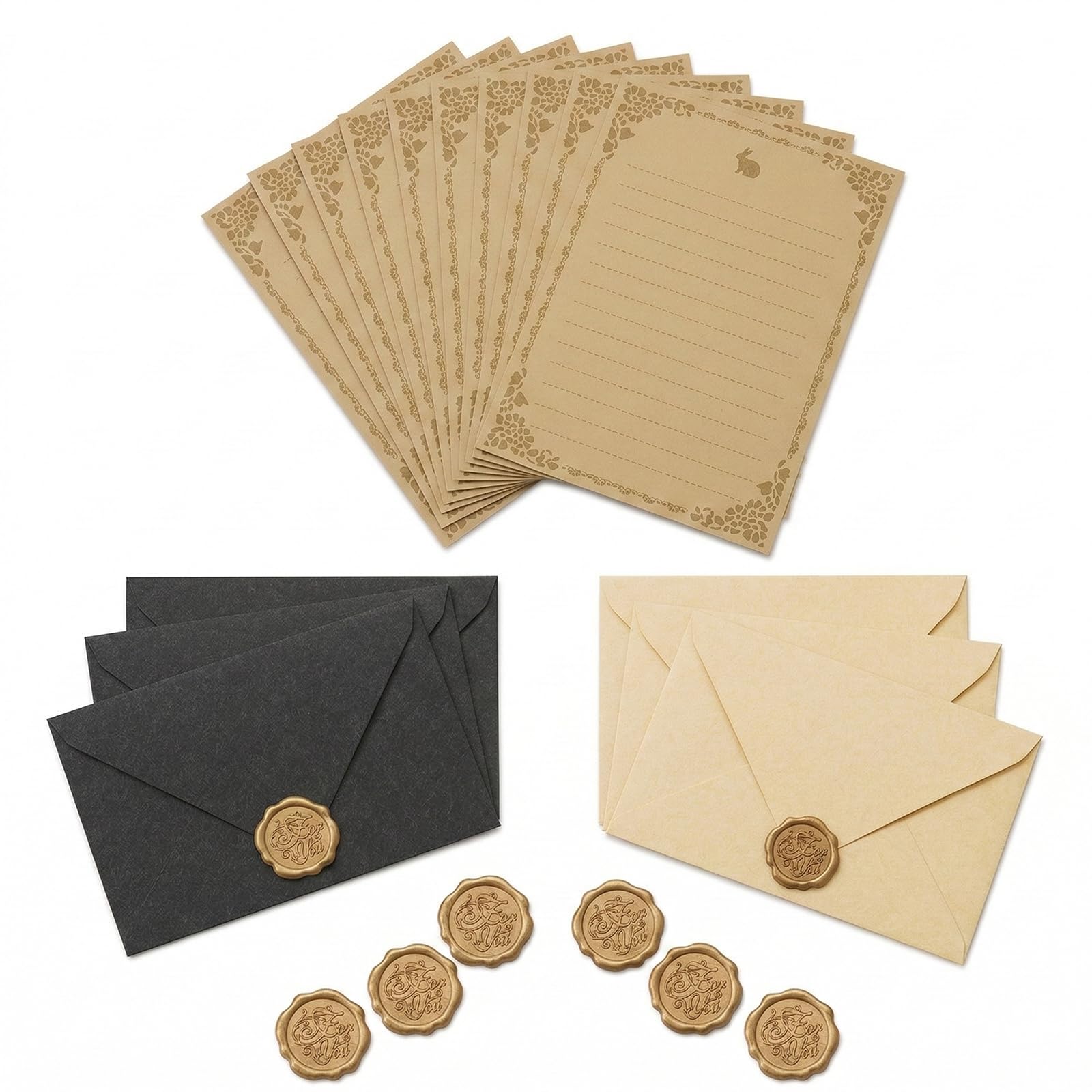 Zestaw 32 sztuk vintage papieru listowego A5, 6 kopert lnianych, koperty kraft, pieczęcie woskowe