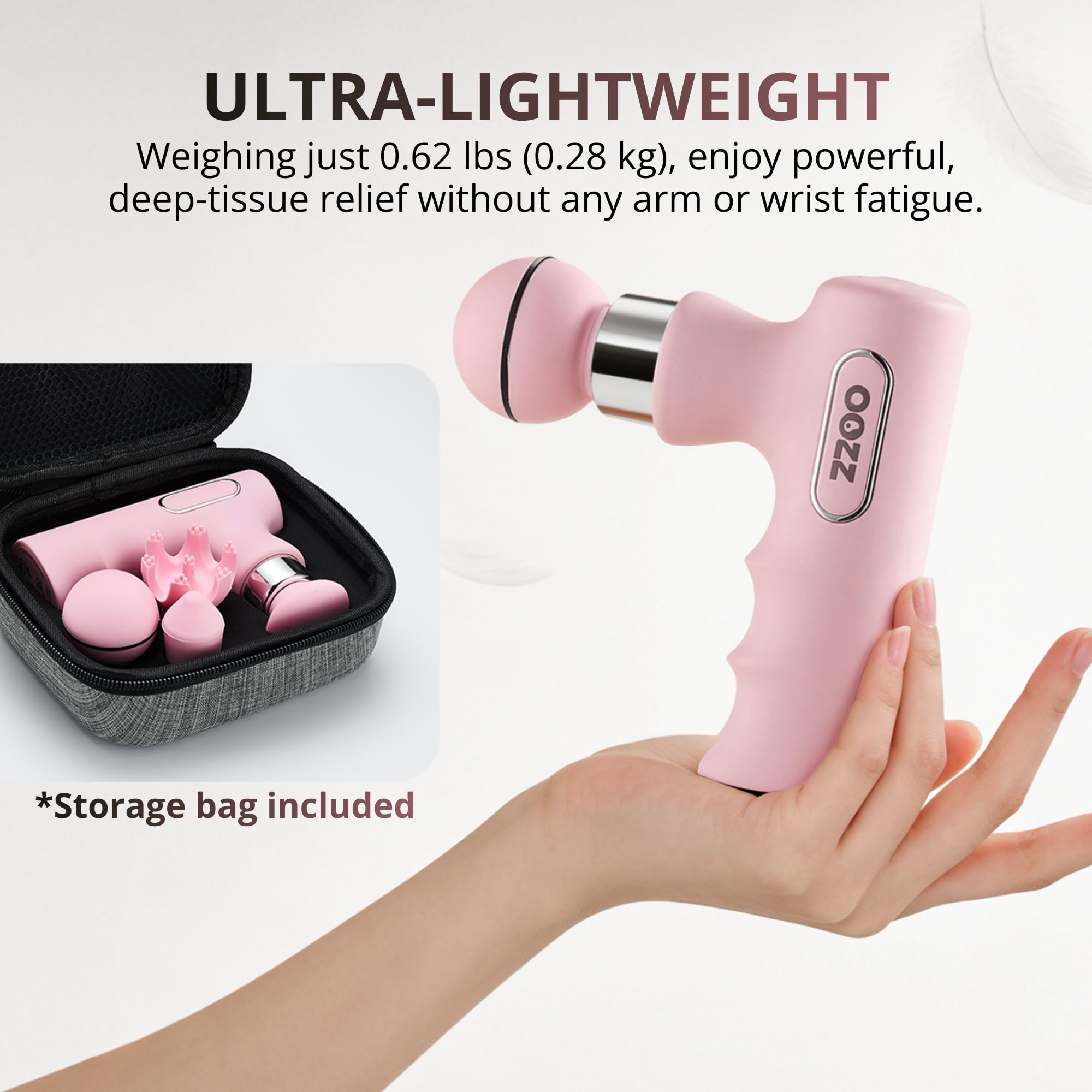 OOZZ Mini-Massagepistole, tragbares Handmassagegerät mit Aufbewahrungstasche, ultraklein, 5 Intensitätsstufen, 4 austauschbare Aufsätze, leichtes Körpermassagegerät, Geschenk für Frauen, OZ-3621