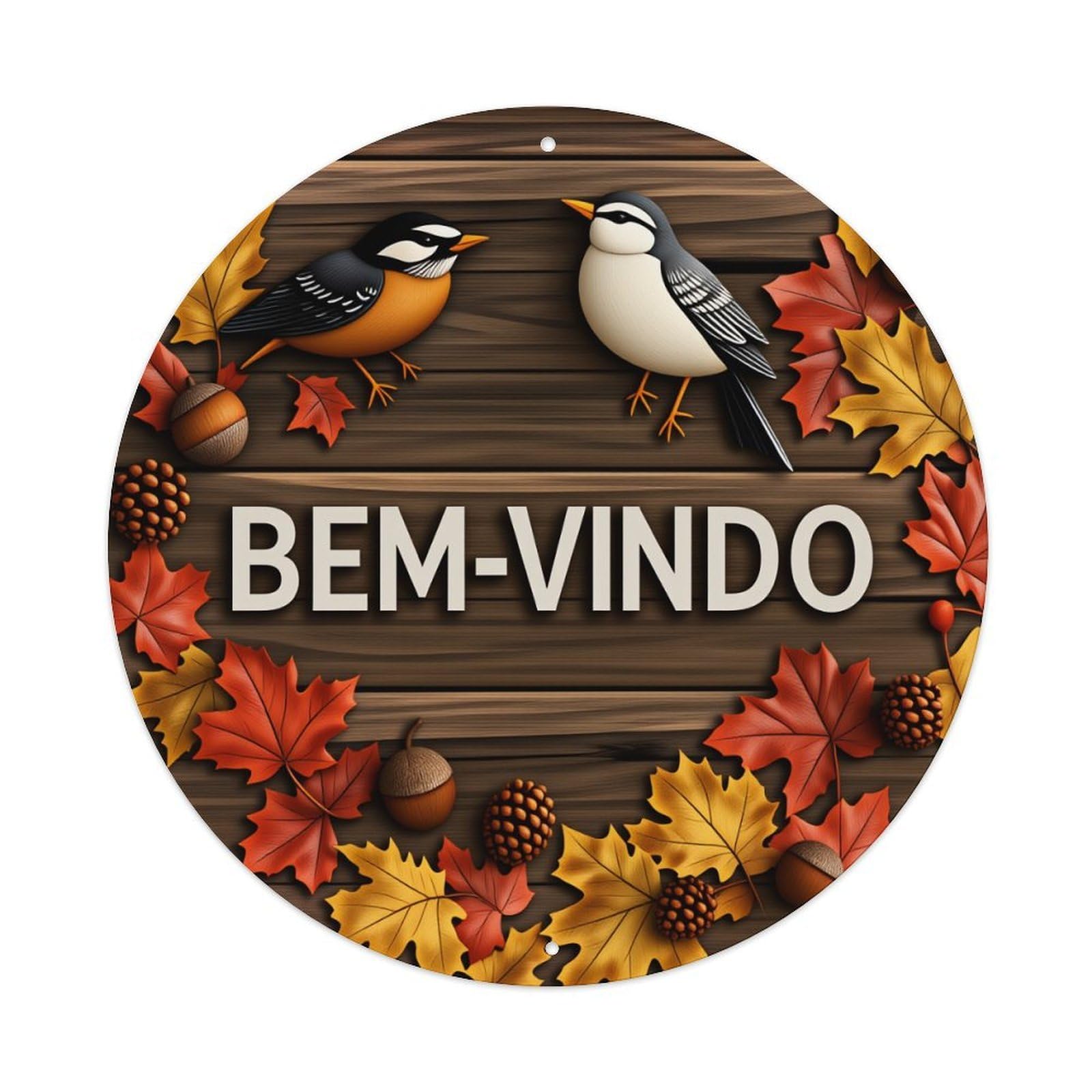 Autumn Leaves Birds Acorns Wood Round Tin Sign Vintage Style Metal Sign Home Bar Garden Wall Plaque Decor Metal Poster 8x8 Inch