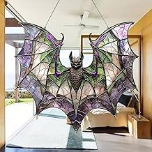 Stained Bat Hanging Decoration with Chain Gothic Style Window Panel for Indoor Wall Display or Halloween Home Accent