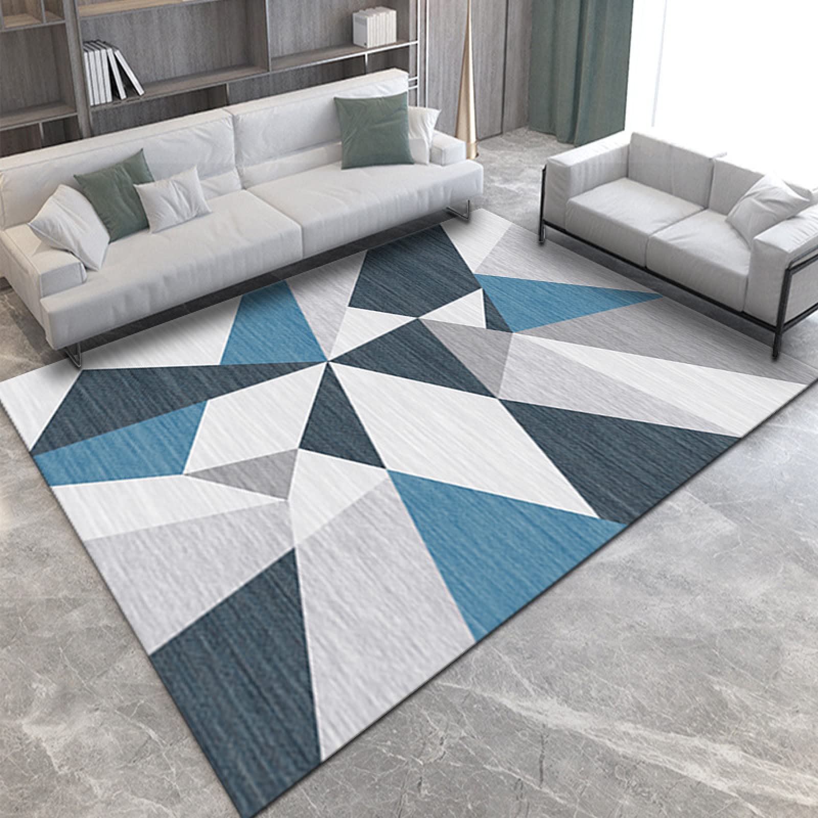 Tapis décoratif bleu gris en épissage géométrique haut de gamme
