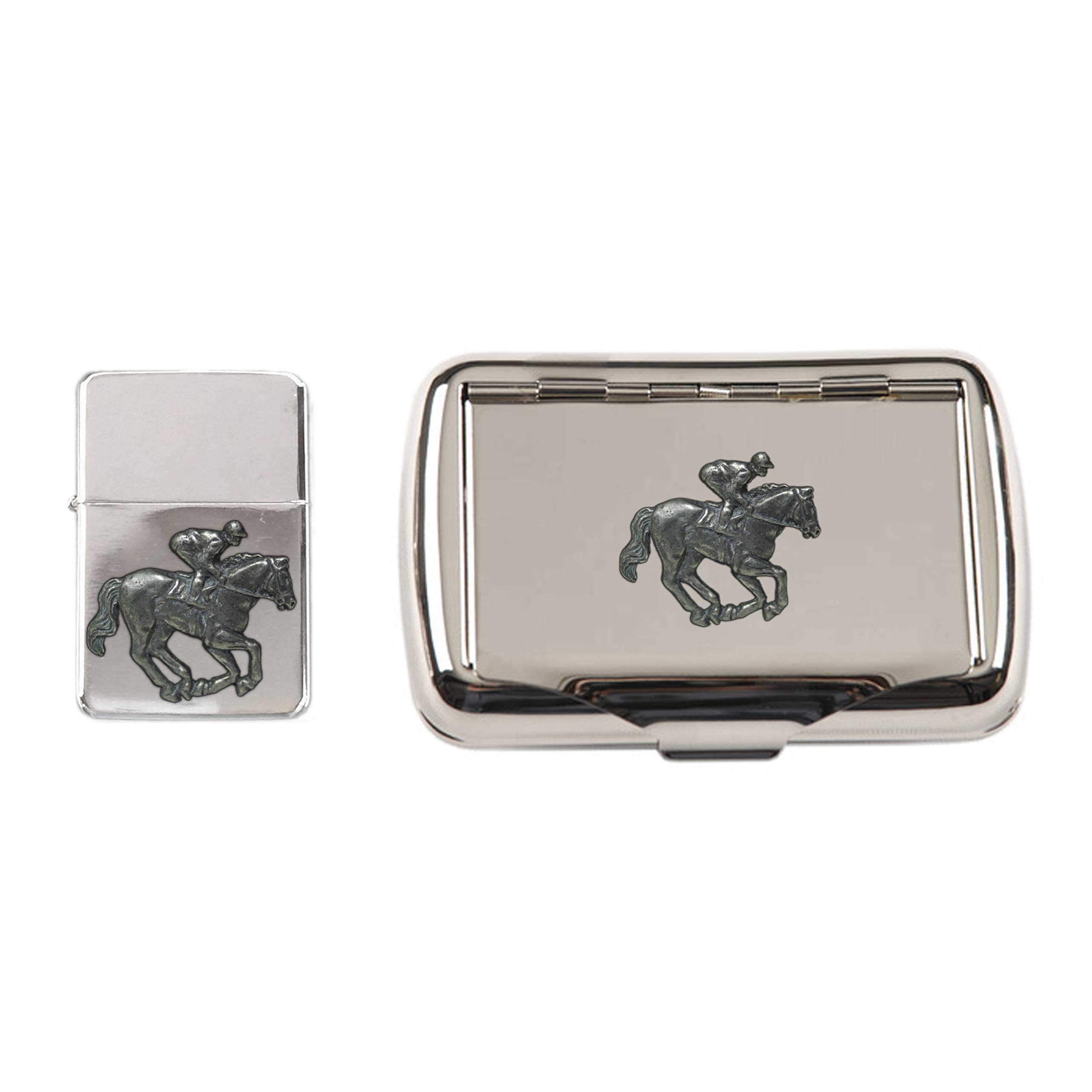 Knight. Chrome Horse Racing Polished Tobacco Tin And Stormproof Petrol Lighter